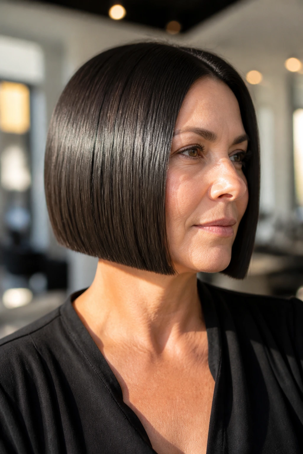 Close-up of a real woman with a sleek glassy blunt bob in a chic salon
