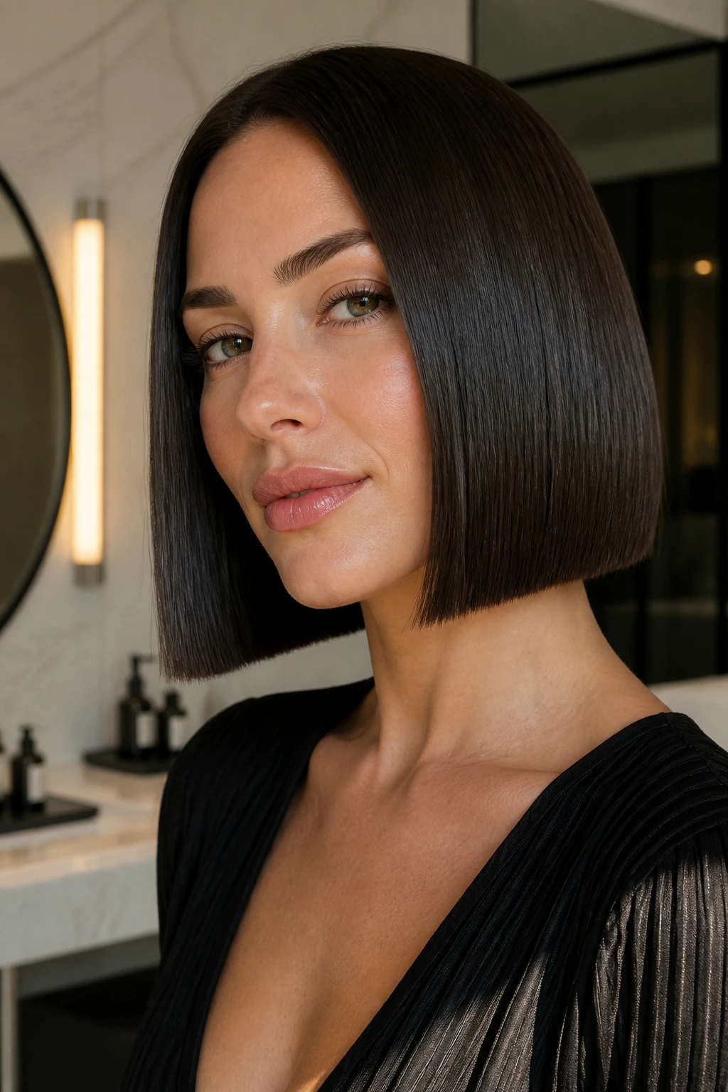 Close-up of a woman with a glassy blunt chin-length bob showing a solid bottom shelf.