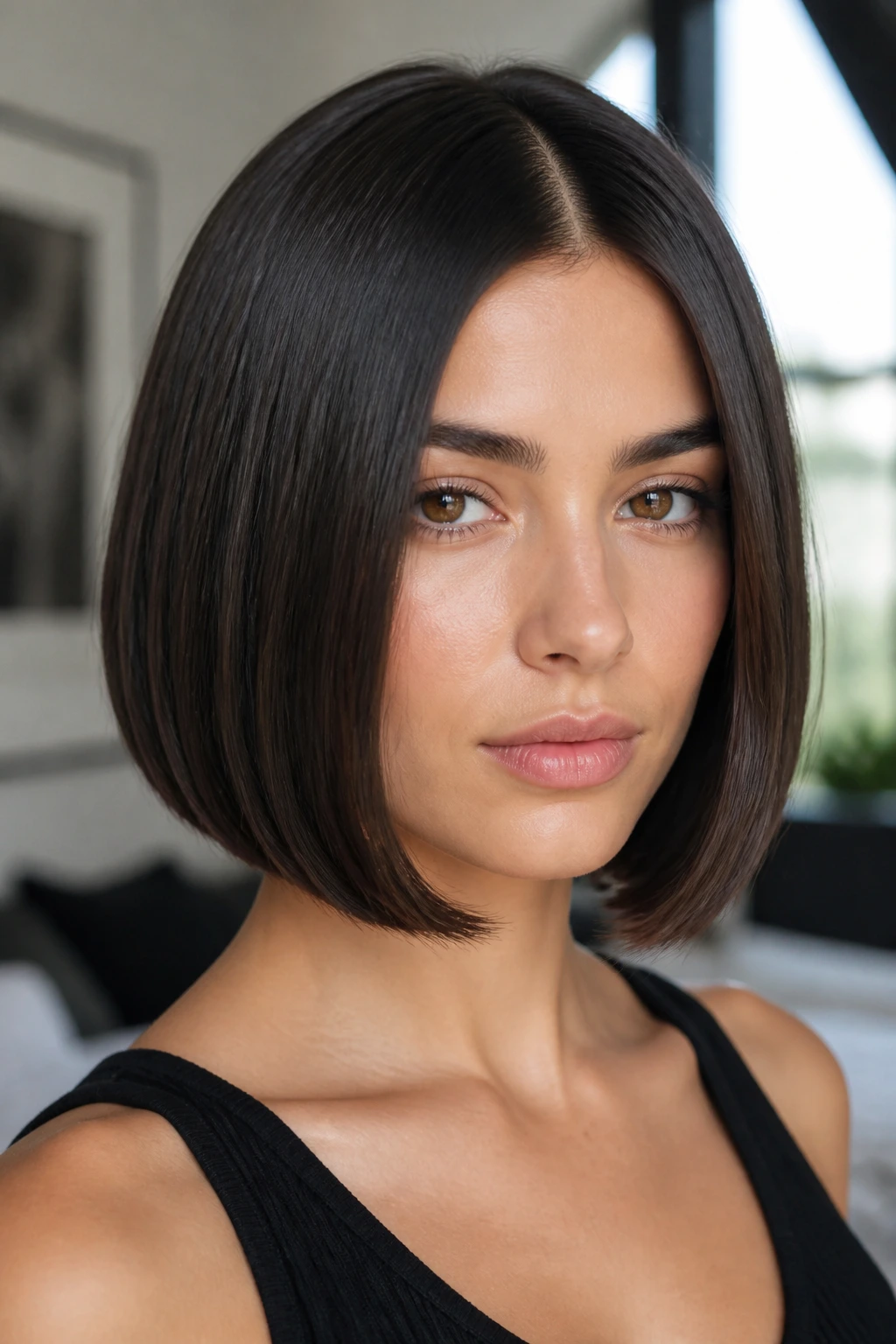 Portrait of woman with glassy sleek bob and high shine