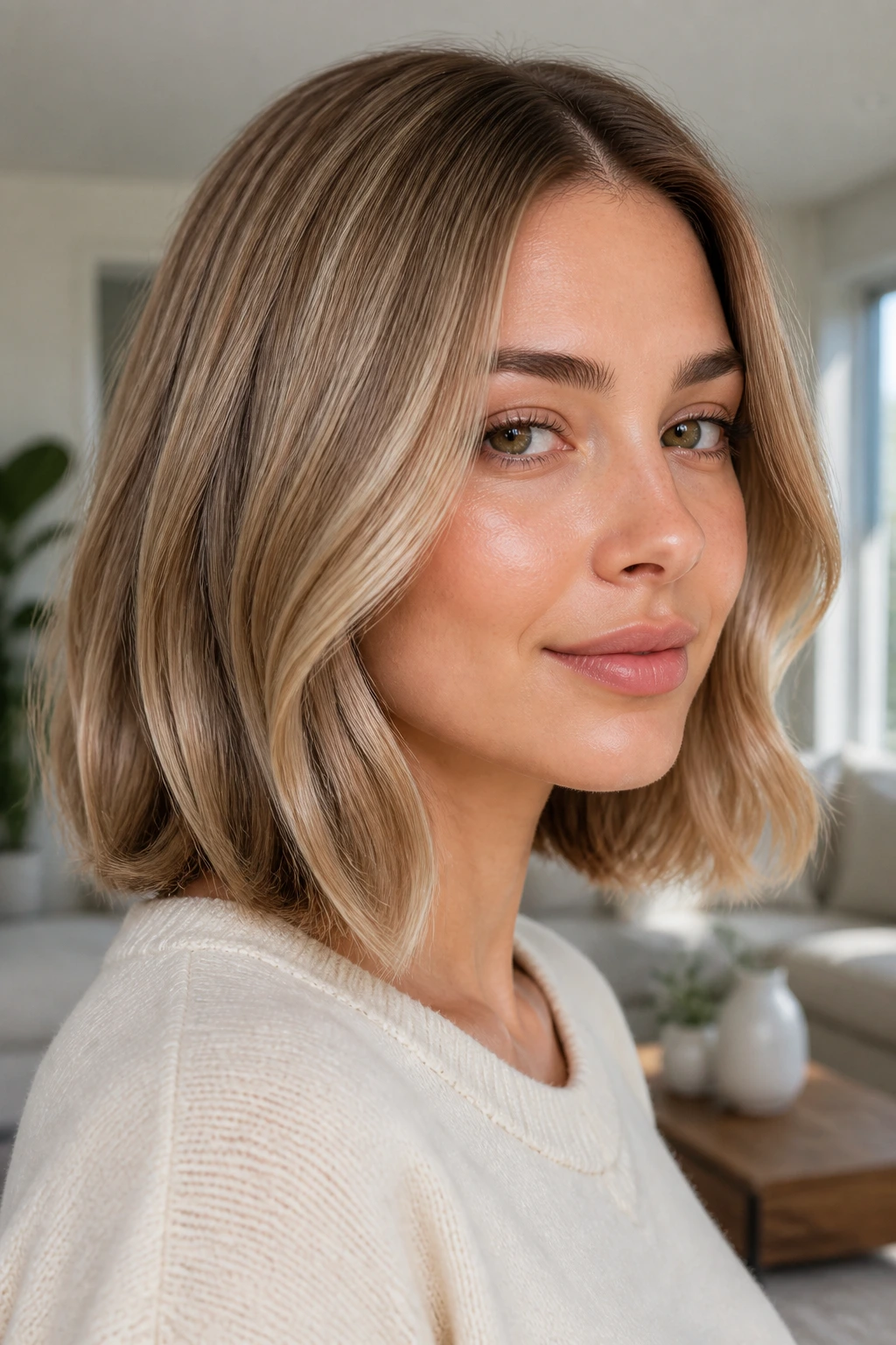 Portrait of a woman with a glassy bob and soft bend, subtle caramel highlights