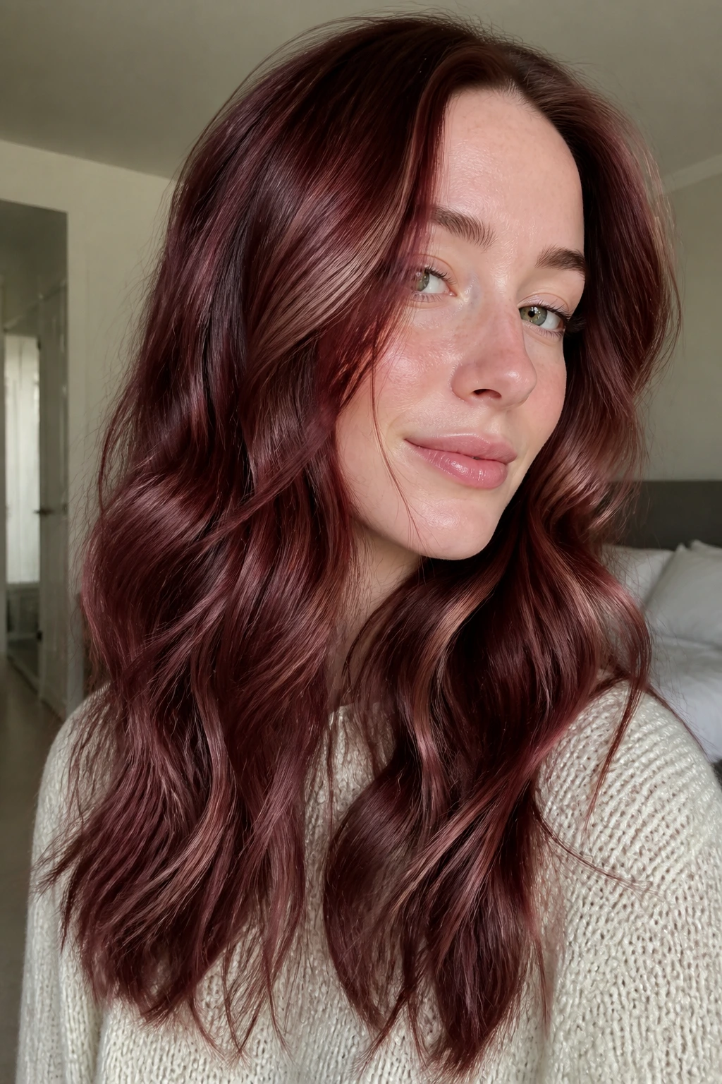 Close-up of hair with glassy burgundy gloss over soft highlights on a real person
