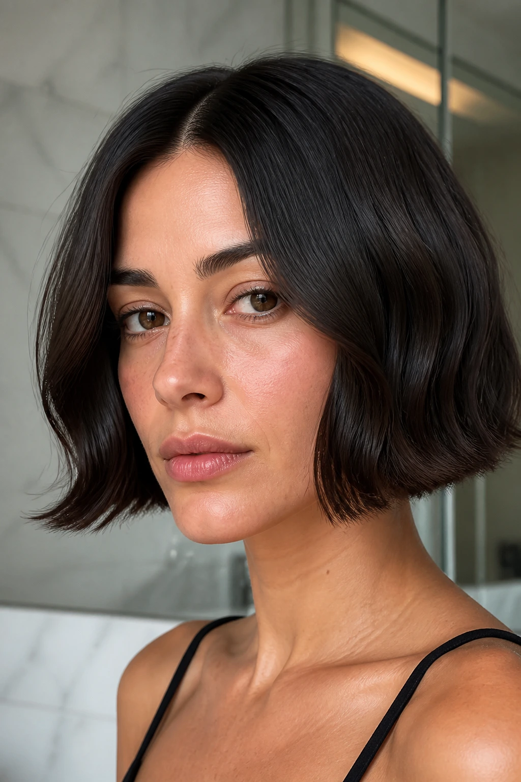 Portrait of a real woman with a glassy center bob and glossy waves in a modern bathroom.