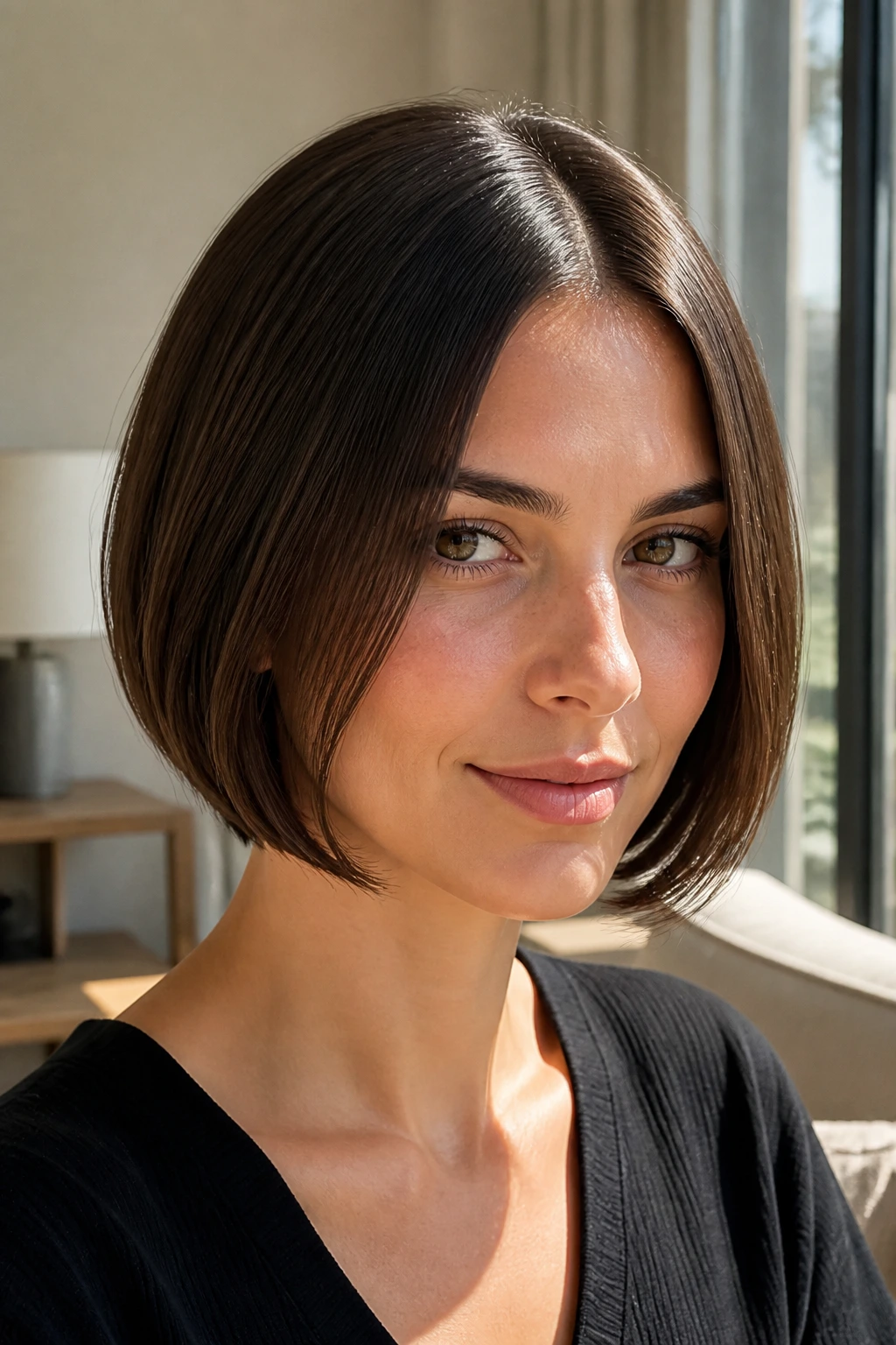 Close-up of a woman with a glassy center-part short bob in a sunlit living room.