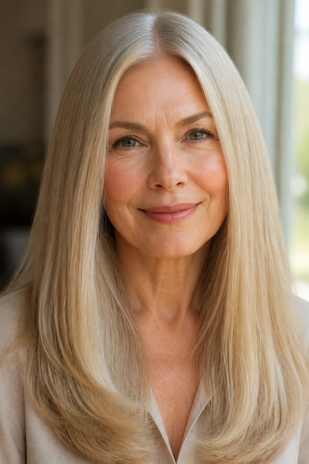 Real woman with glossy center-parted straight blonde hair in natural light