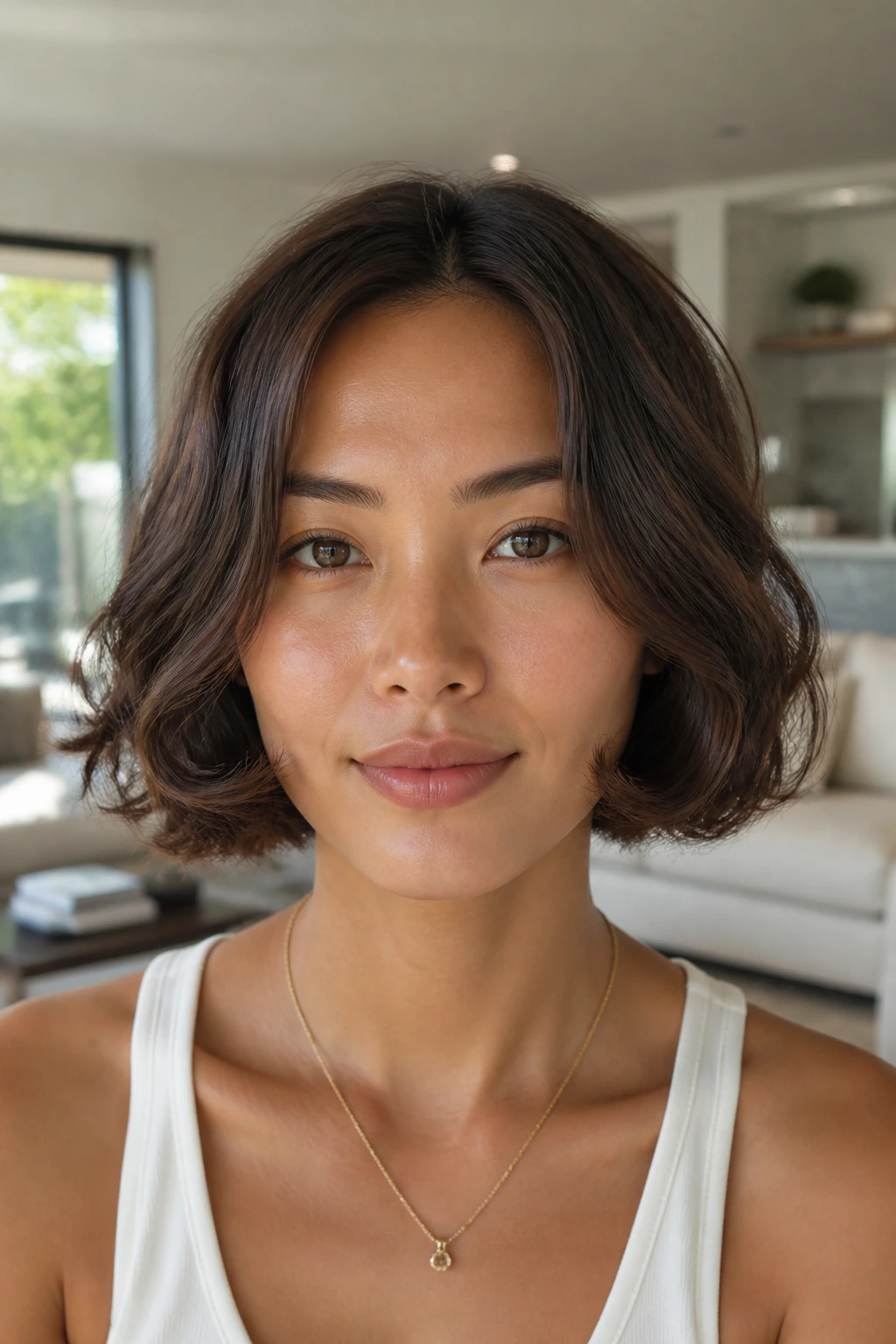 Close-up of a real woman with a minimalist glassy curl bob and glossy ends