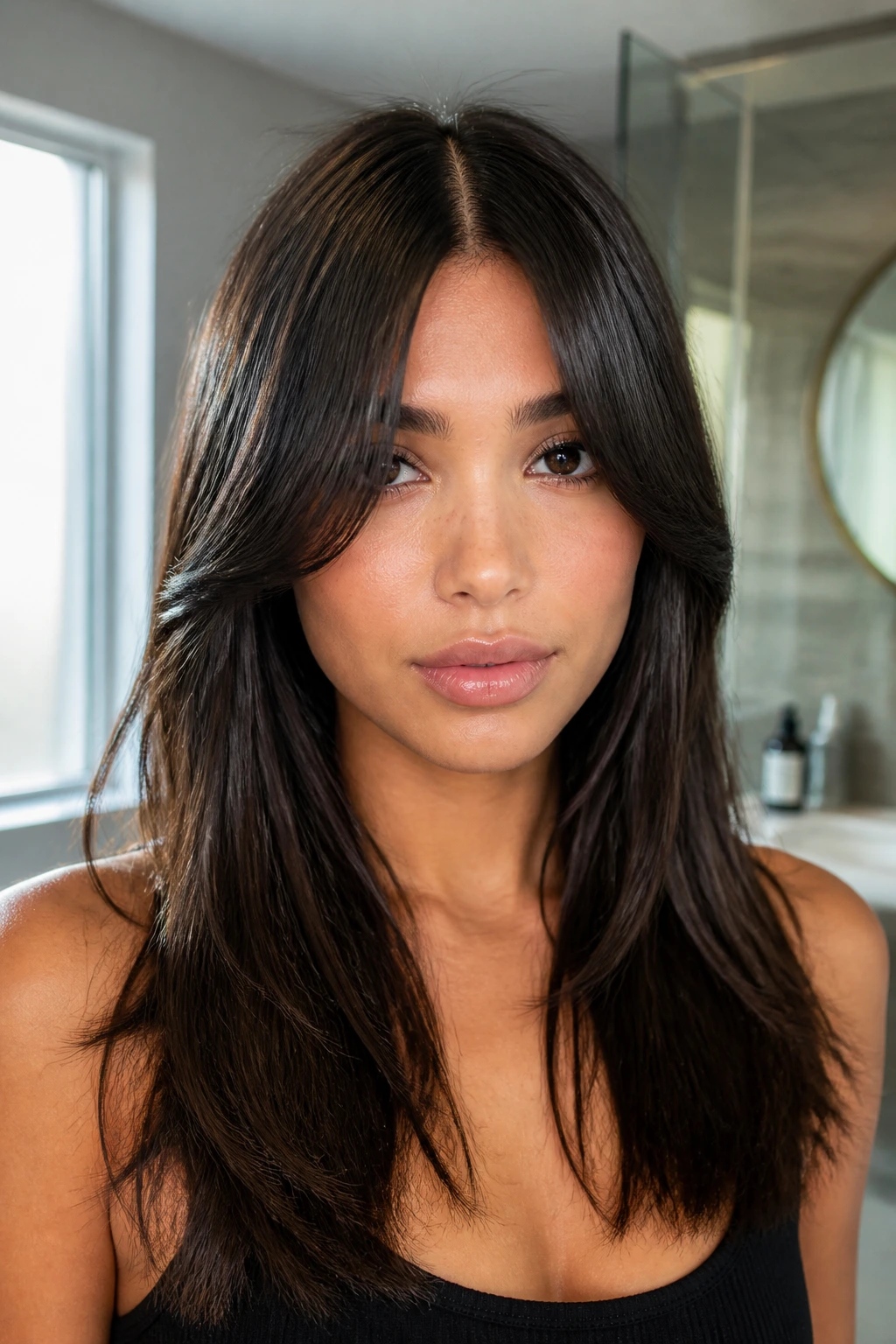 Close-up of a real woman with glassy curtain bangs and a polished bend.