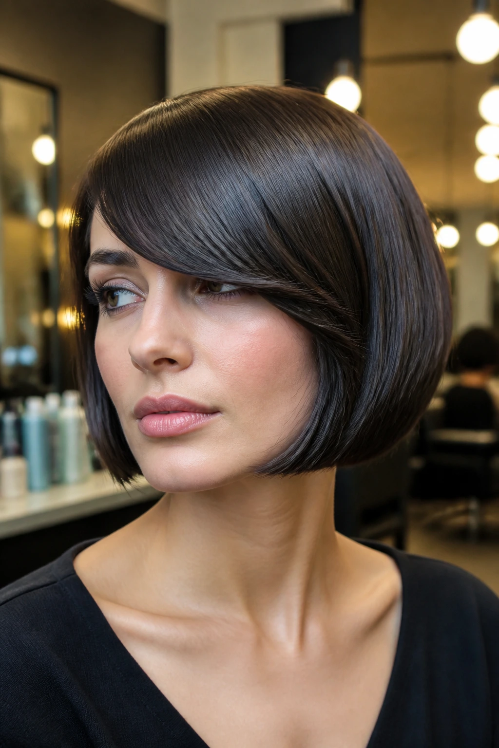 Close-up of a real woman with a Glassy French Bob and a long side-swept bang.