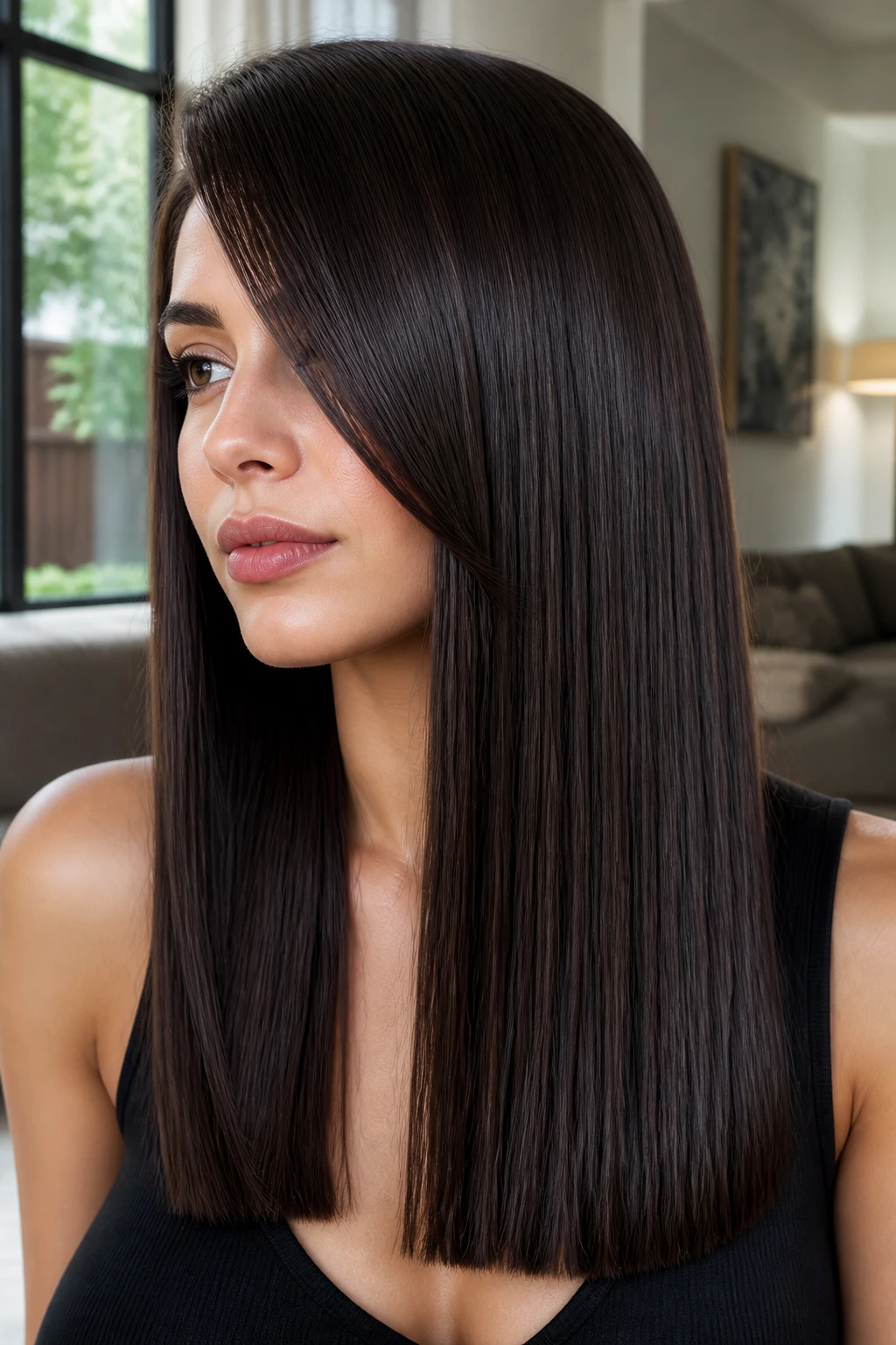 Close-up of a woman with glassy blunt long hair and a deep side sweep