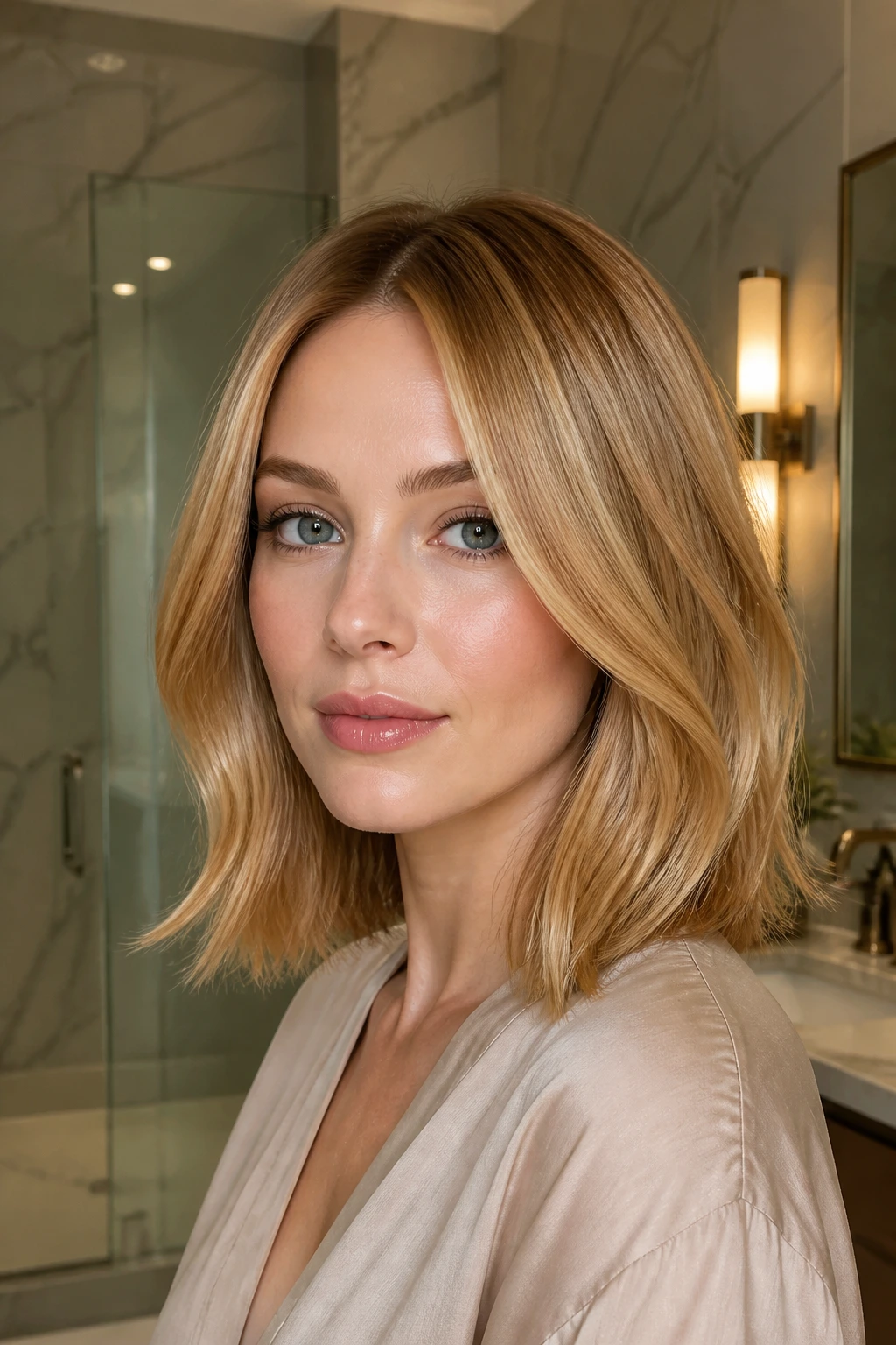 Portrait of a woman with glassy honey lob and glossy finish under warm light