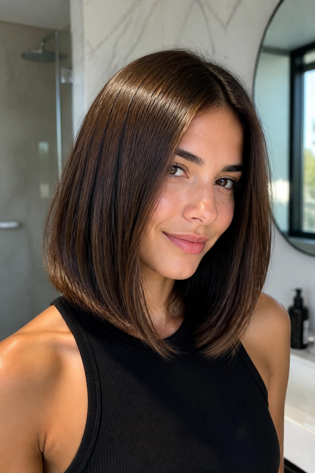 Close-up of a real woman with a glassy layered lob hairstyle