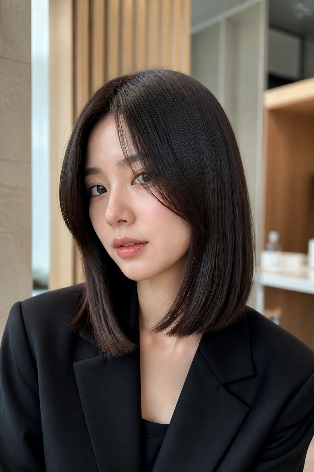 Portrait of a real woman with a glassy center-part lob and curtain bangs