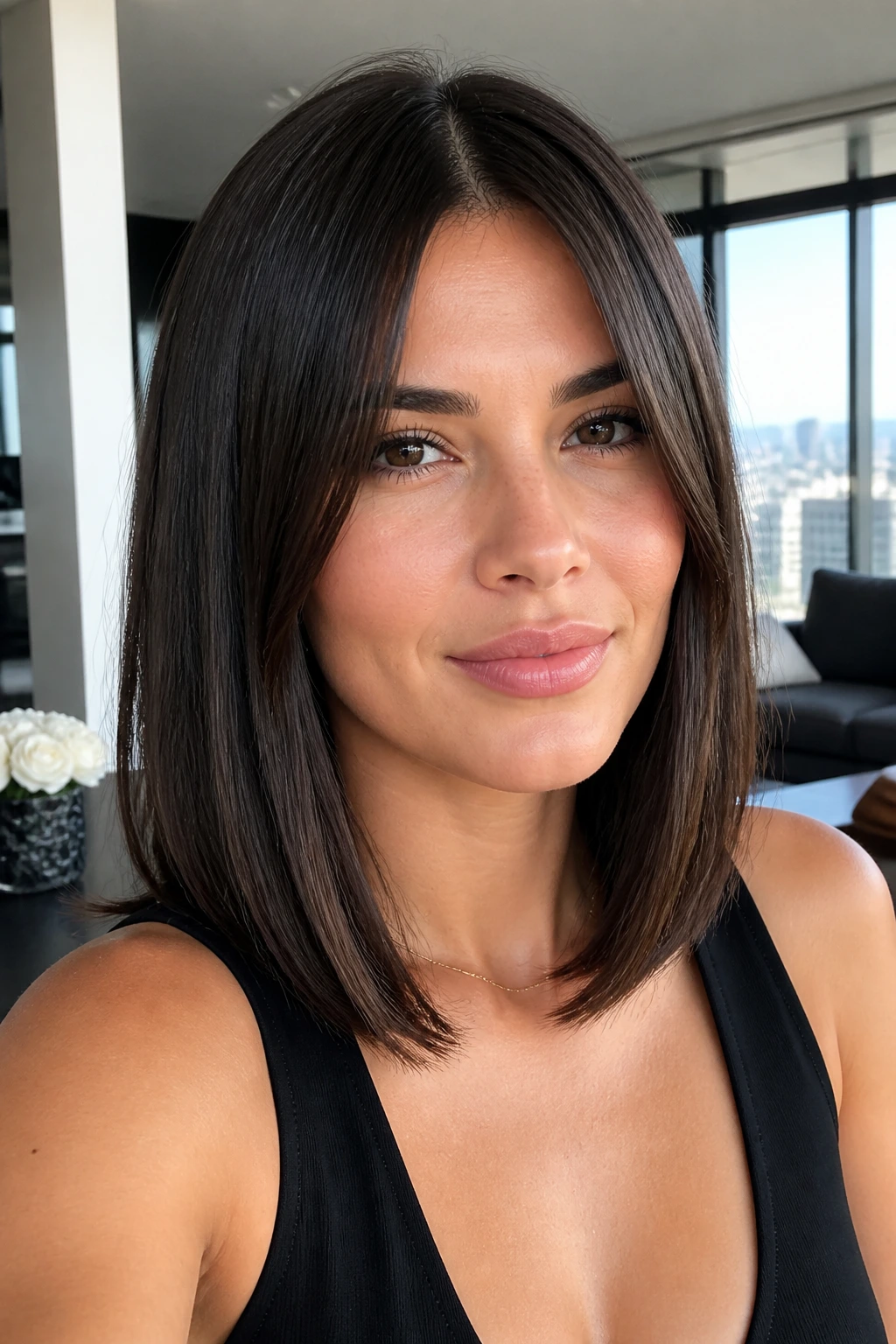 Close-up of a real woman with a glassy lob and center-split fringe in daylight
