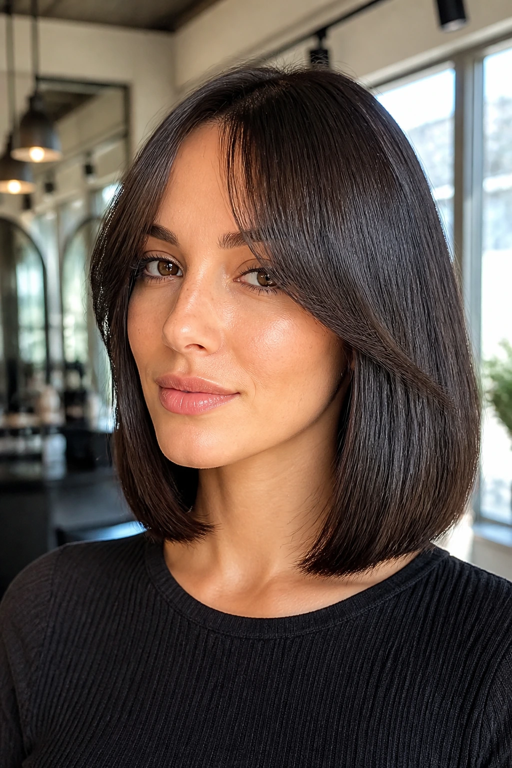 Portrait of a woman with glossy lob and curtain bangs in bright salon light