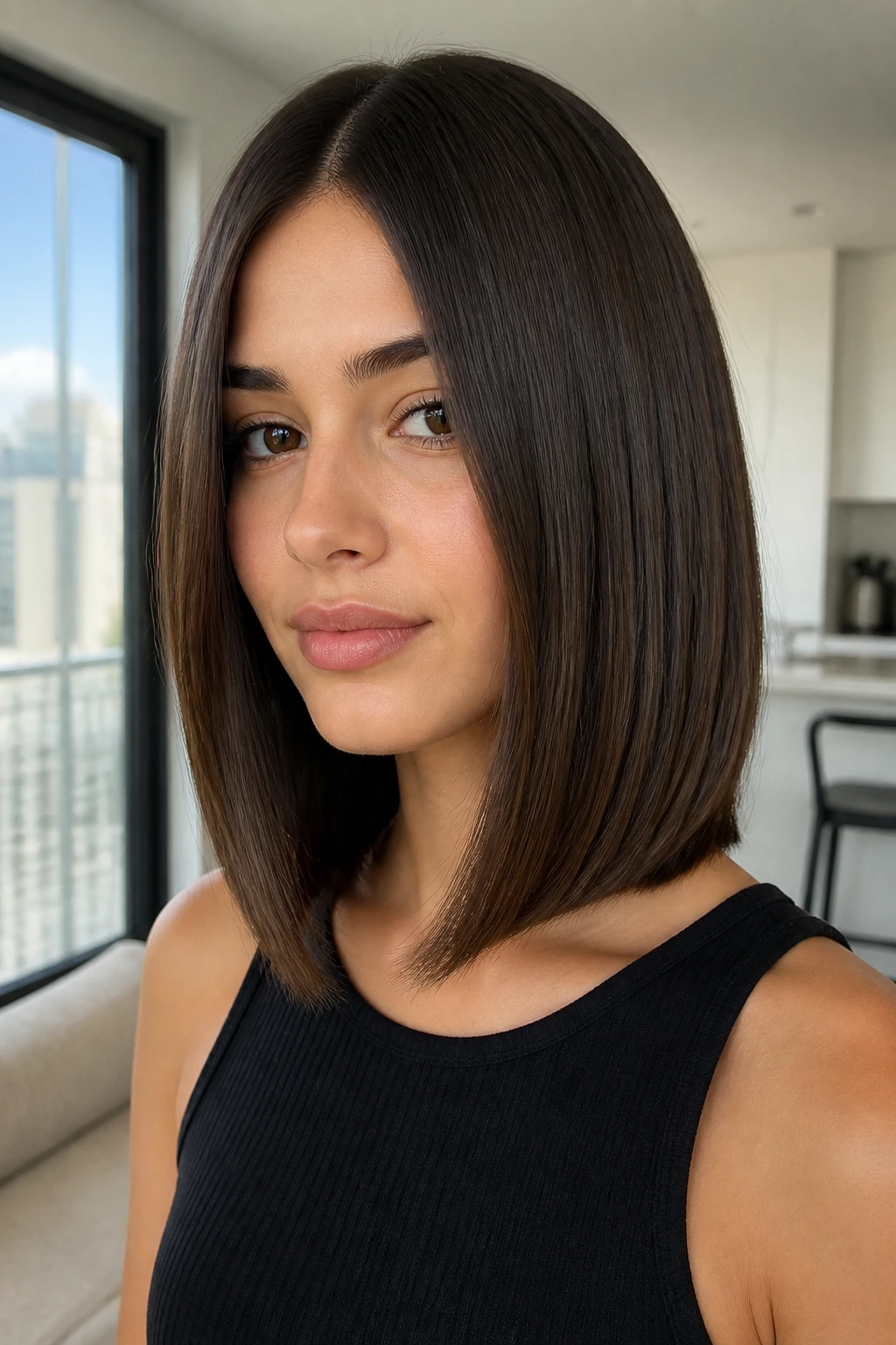 Close-up portrait of a real woman with a glassy lob and subtle micro-layers.