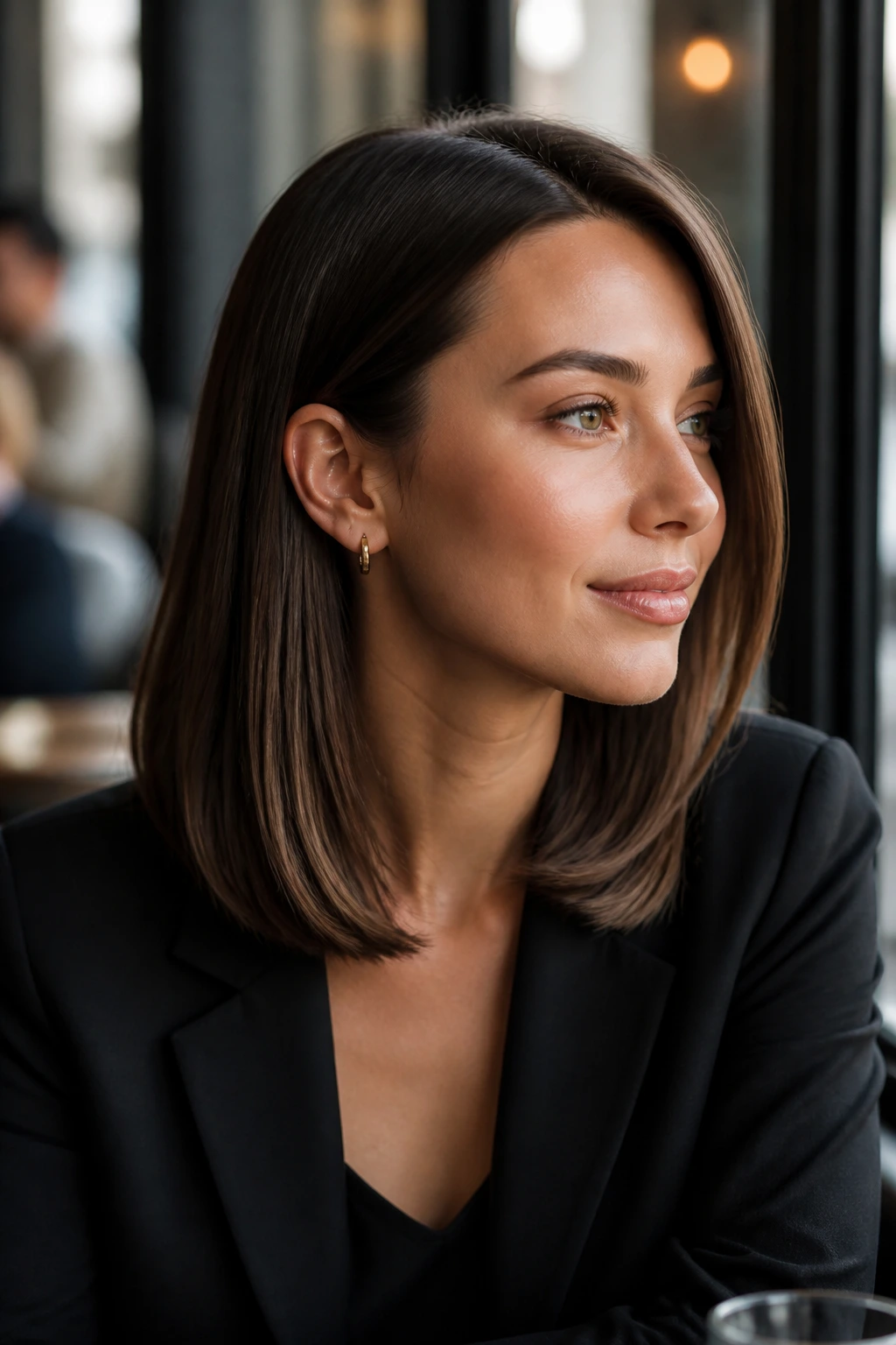 Close-up of a real woman with a glassy lob tucked behind the ear, polished straight hair