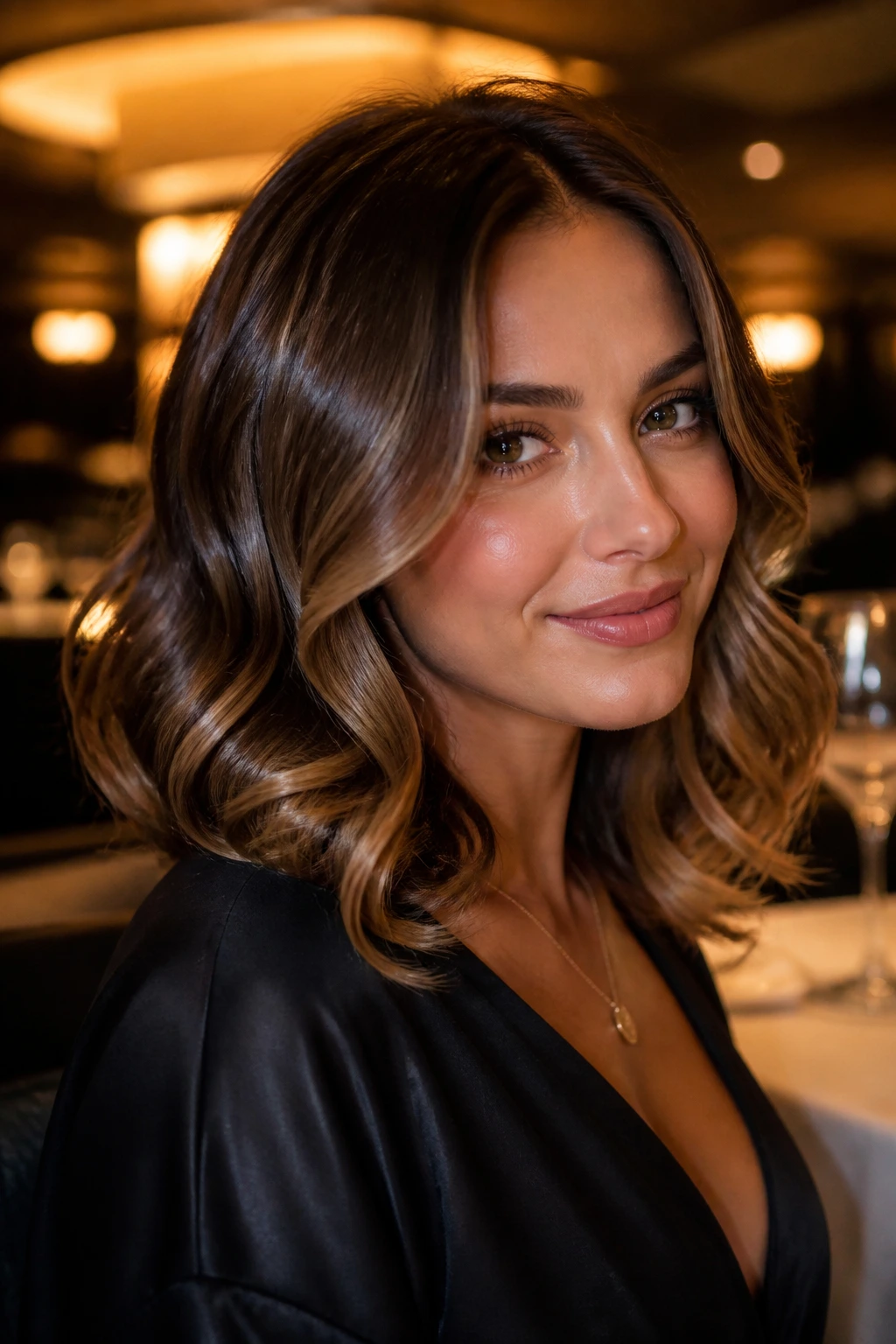 Close-up of a real woman with glassy lob and wide barrel curls