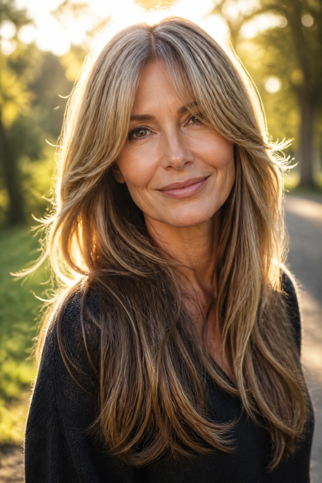Real woman with glassy long layers and curtain bangs in outdoor light