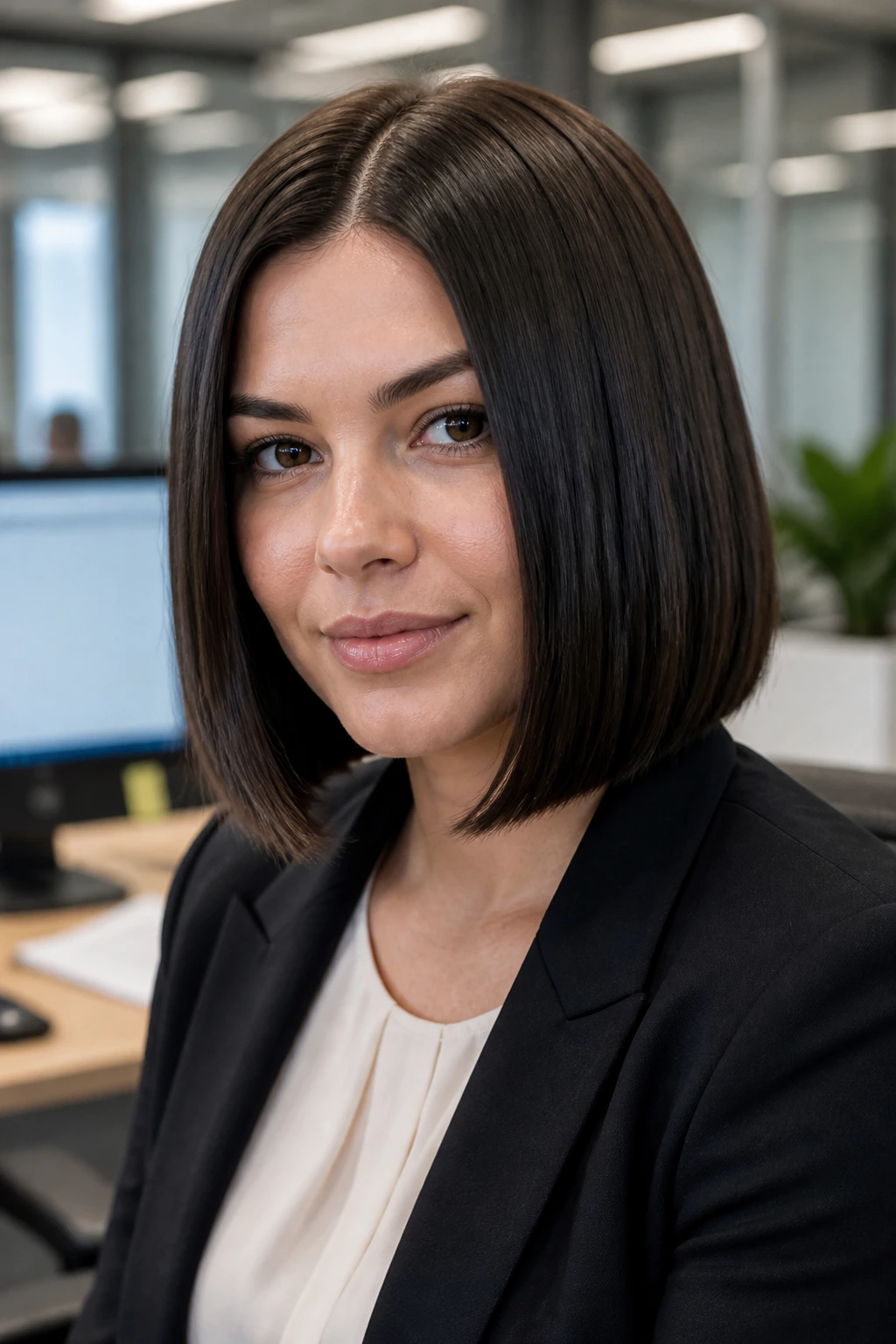 Close-up of a real woman with a blunt polished Glassy Office Lob under office lighting