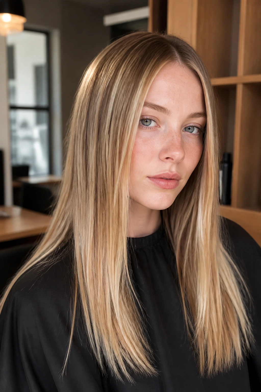Close-up of a real woman's straight hair with glassy ribbons on pale skin