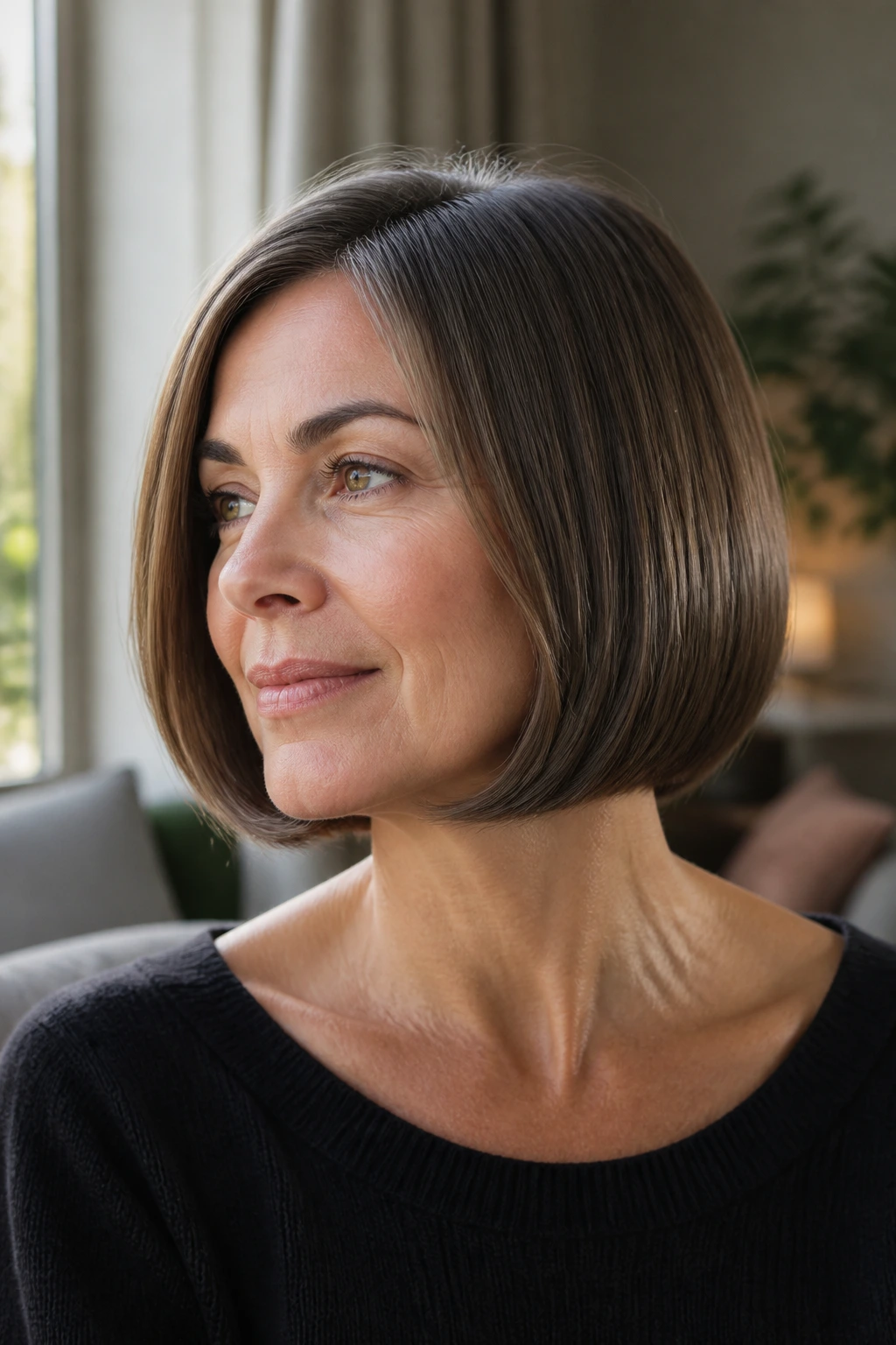 Close-up of a real woman with glassy round bob in bright living room