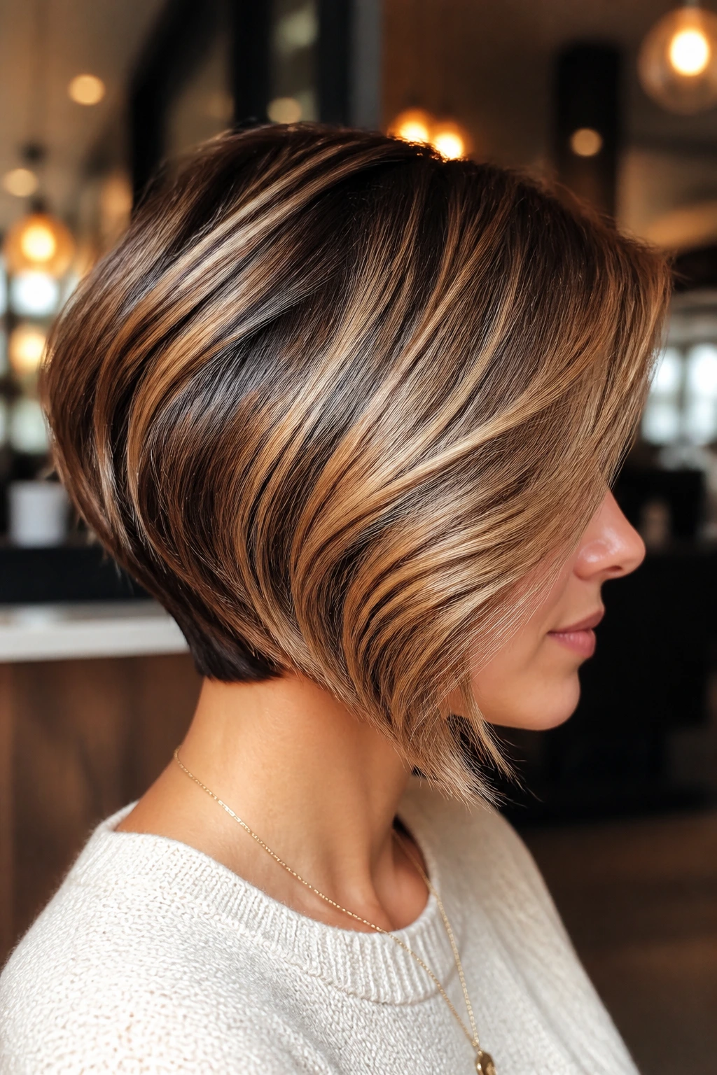 Profile shot of real woman with glassy side-swept inverted bob and caramel shine