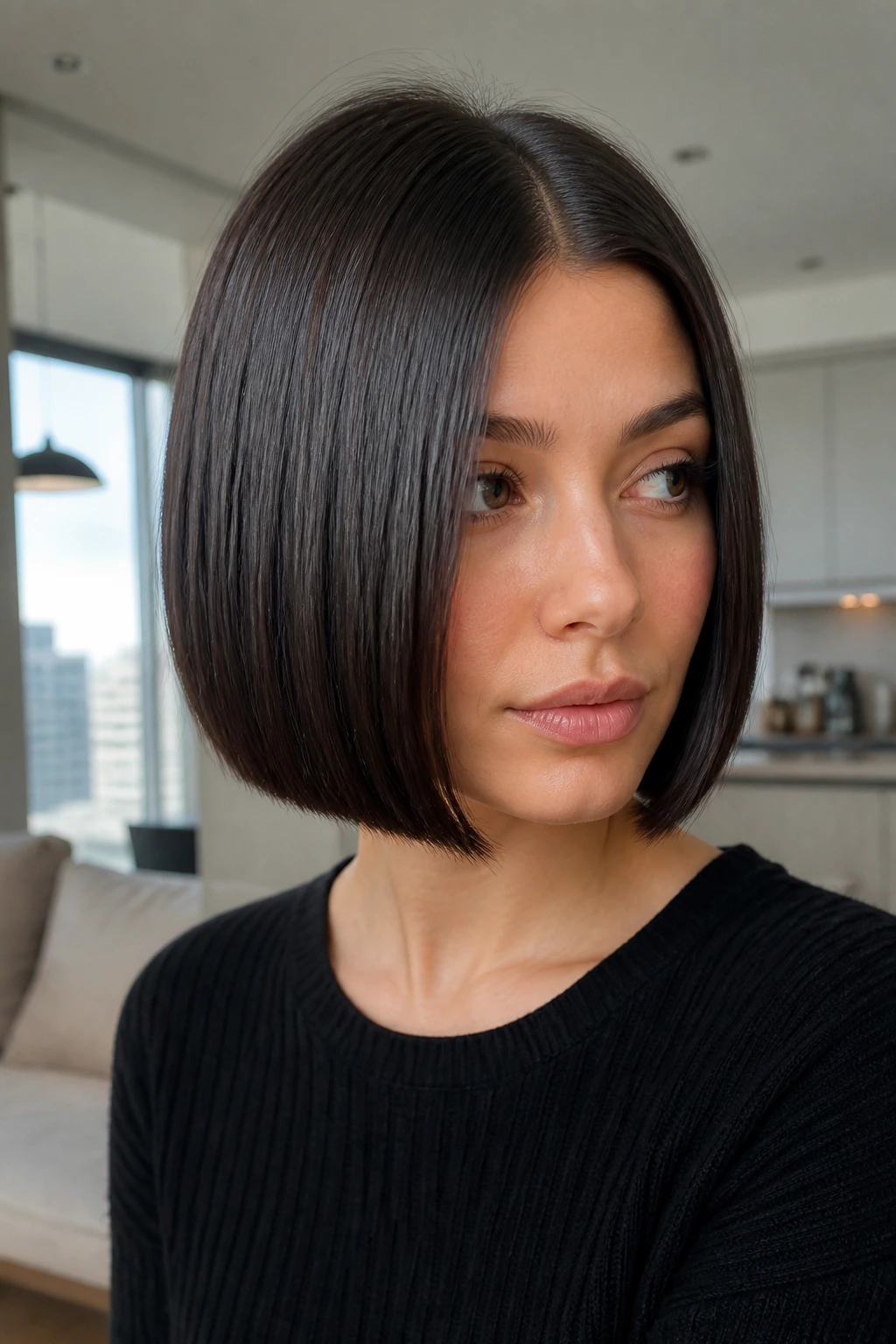Real woman with a glassy sleek bob under natural daylight