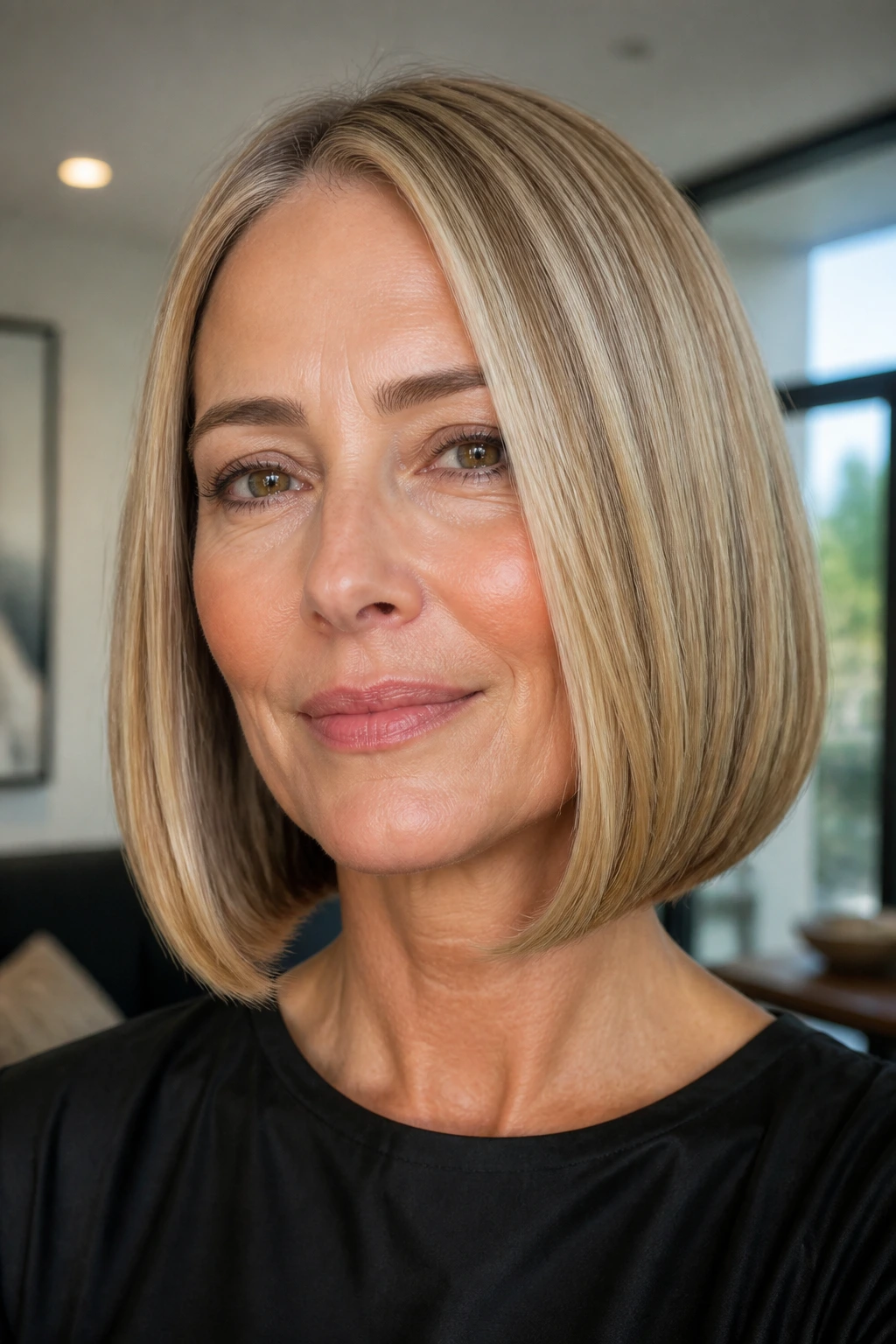 Real woman with glassy sleek bob in modern interior