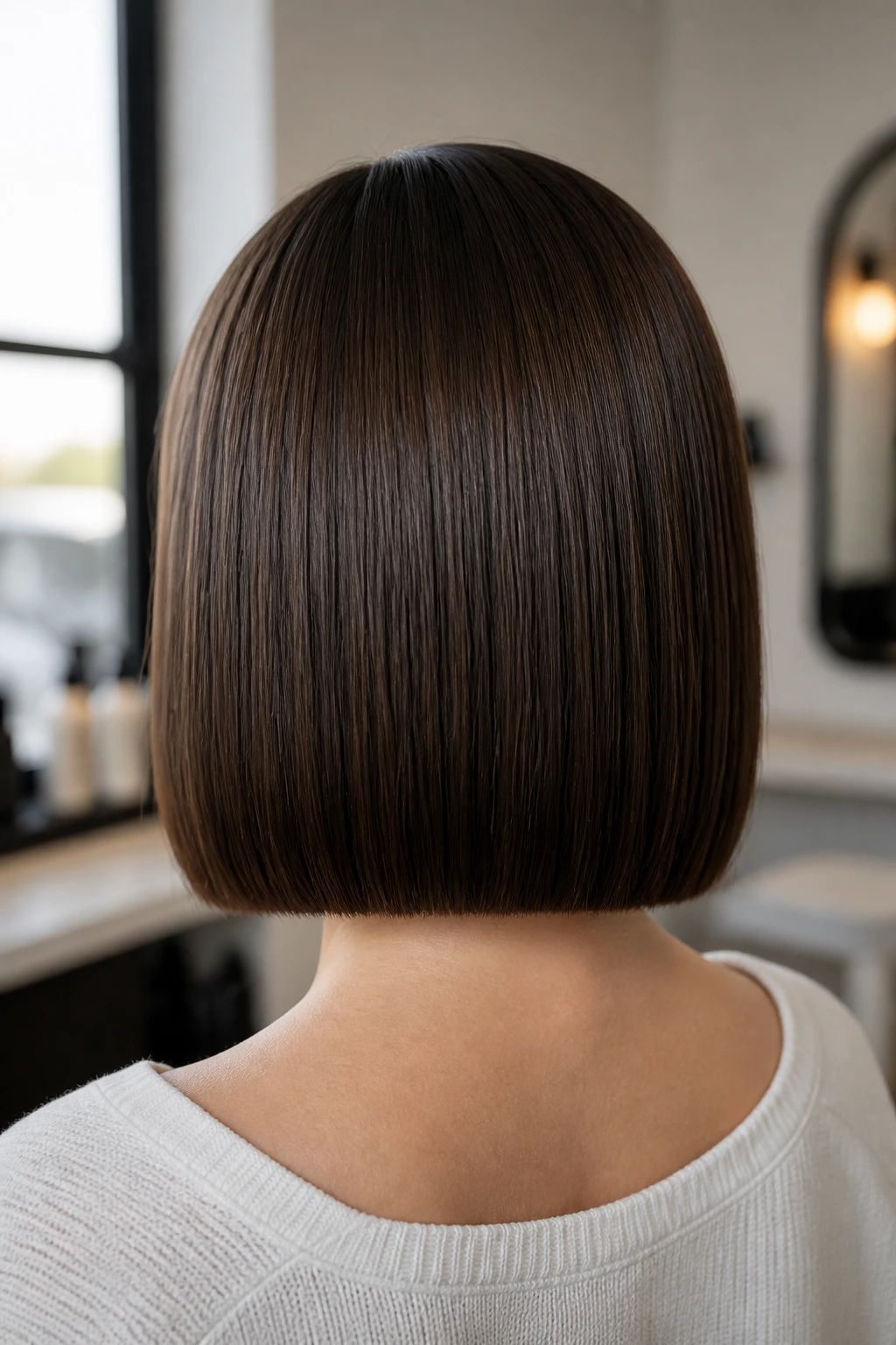 Back view of a real woman with a glassy straight bob and invisible layers, glossy uniform back.