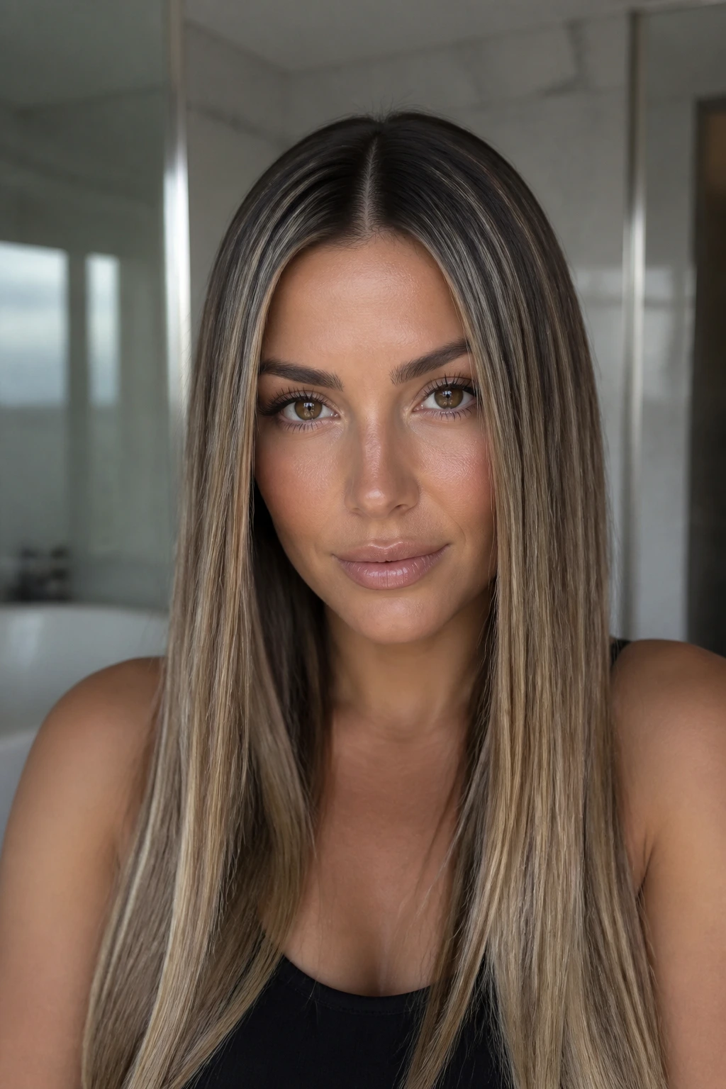Close-up of a real woman with glassy straight hair and center part