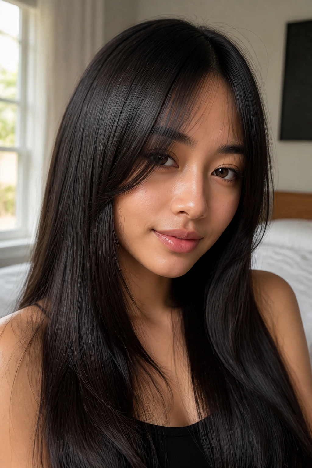 Close-up portrait of a real woman with glassy straight hair and a parted fringe