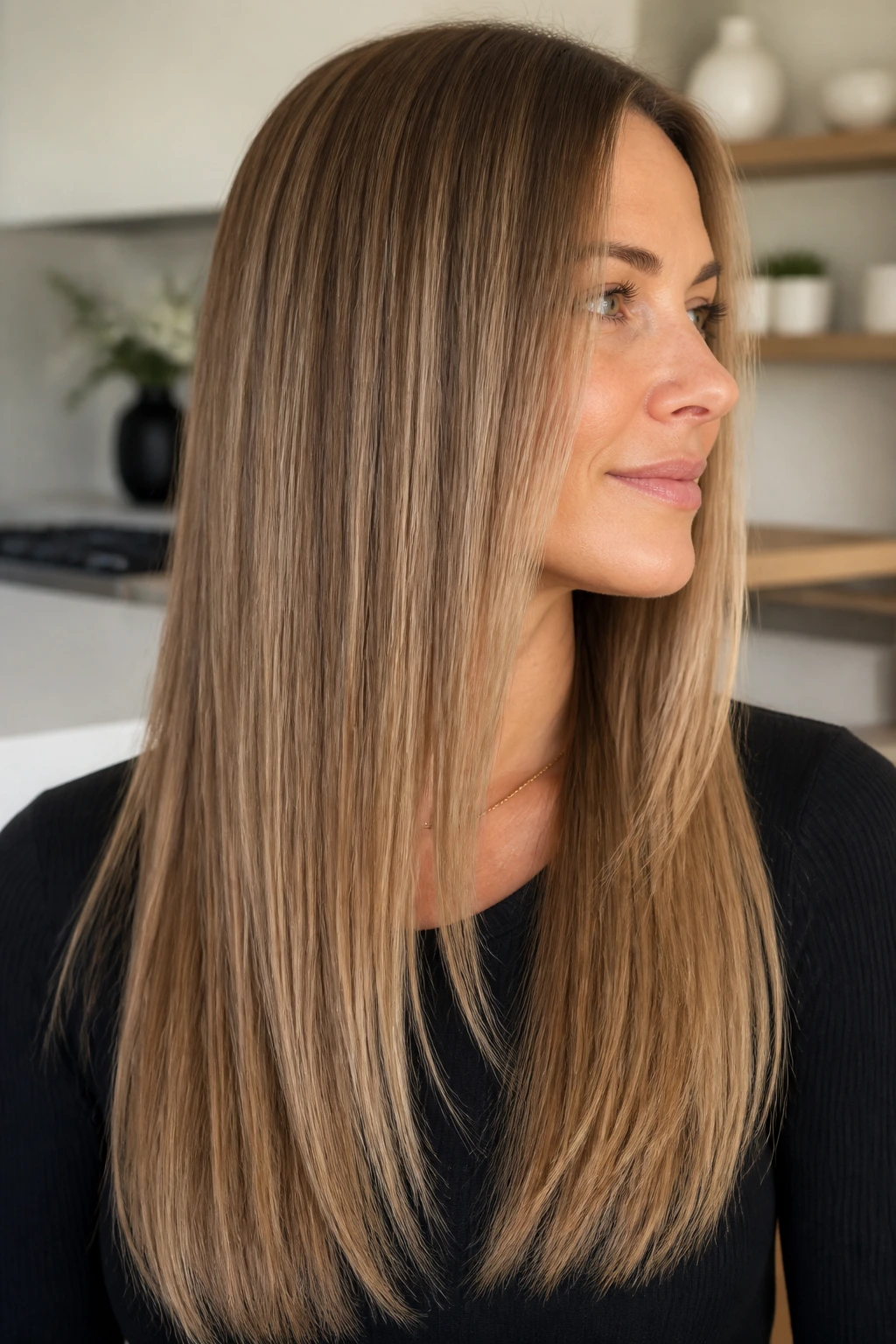 Portrait of woman with glassy straight hair and invisible layers