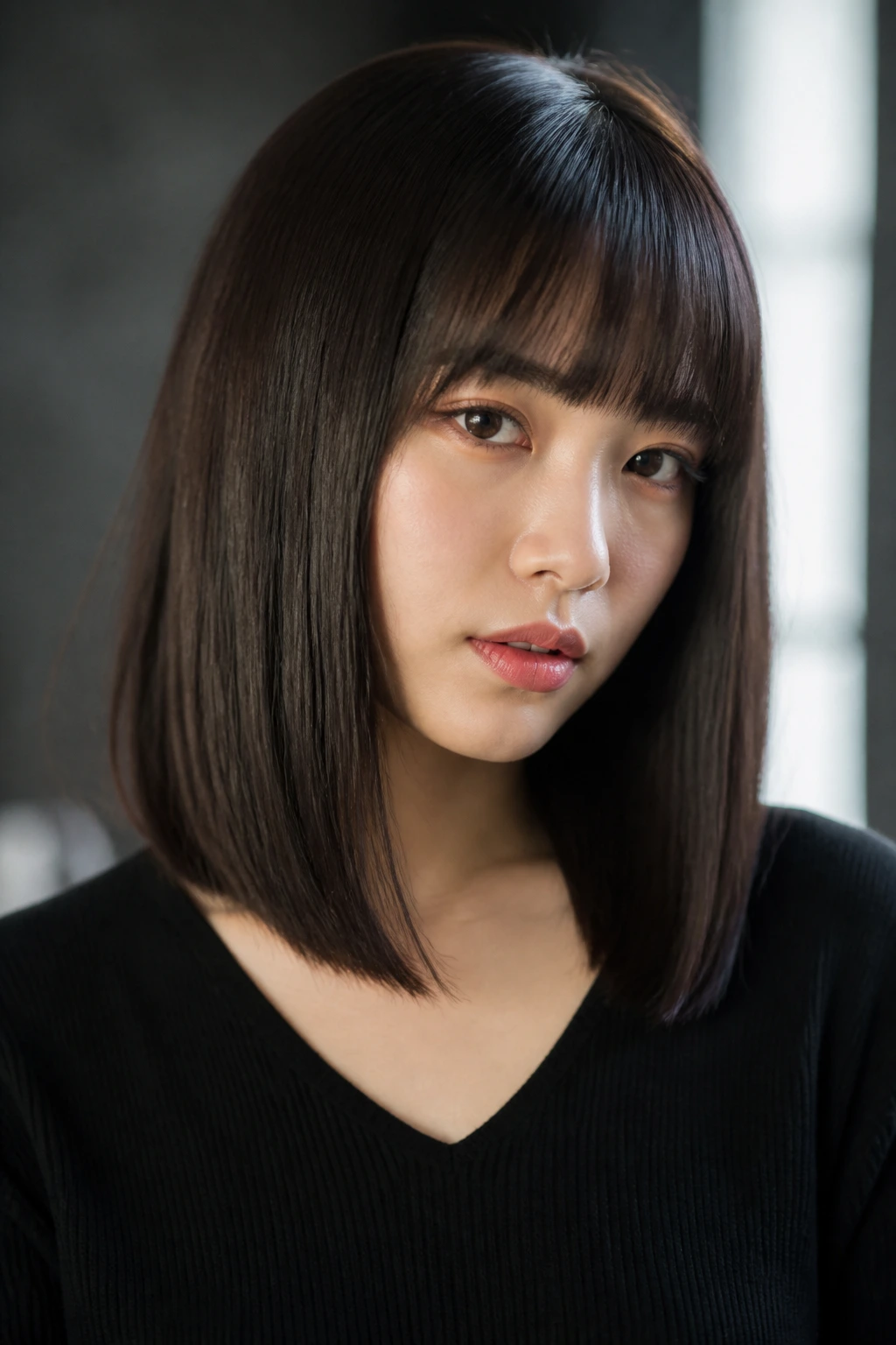 Close-up portrait of a real woman with a glassy straight lob and blunt bangs