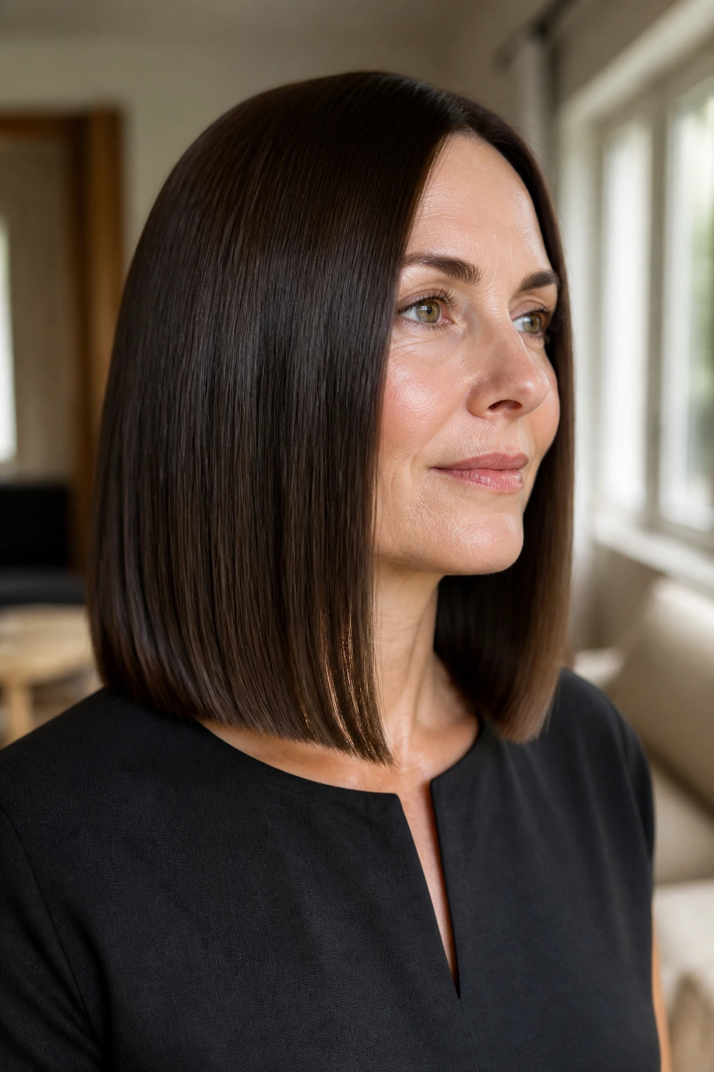 Close-up of a real woman with a glassy straight lob featuring blunt ends and high shine