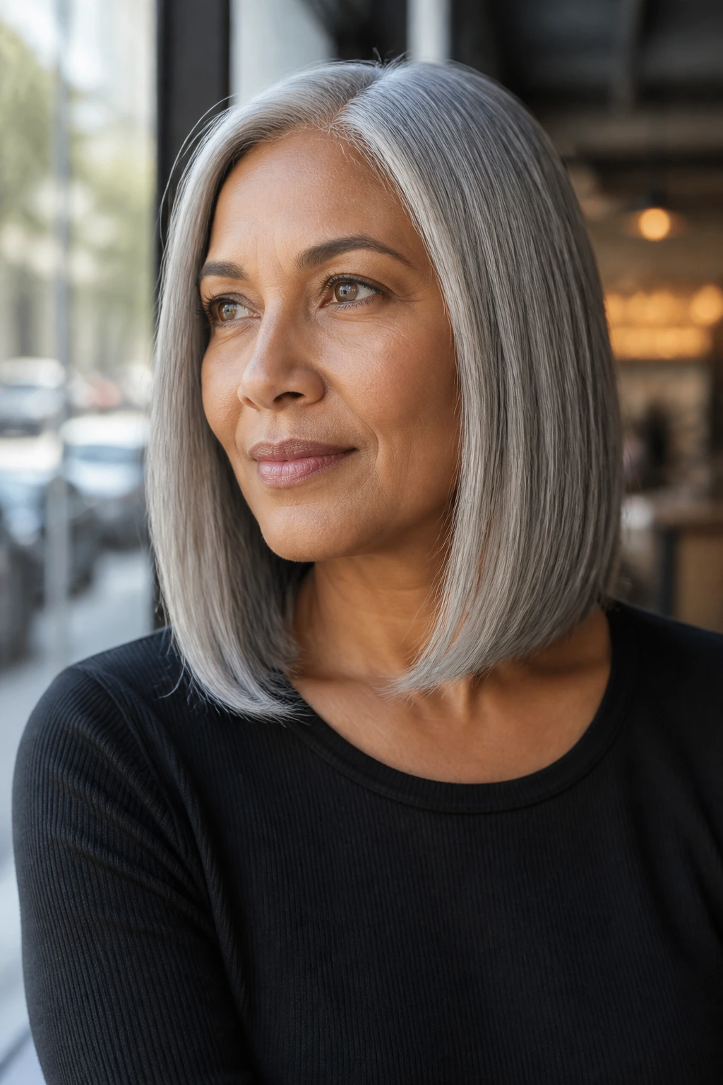 Portrait of a real woman with a glassy straight lob and soft edge, silver pewter gray hair at a cafe window scene