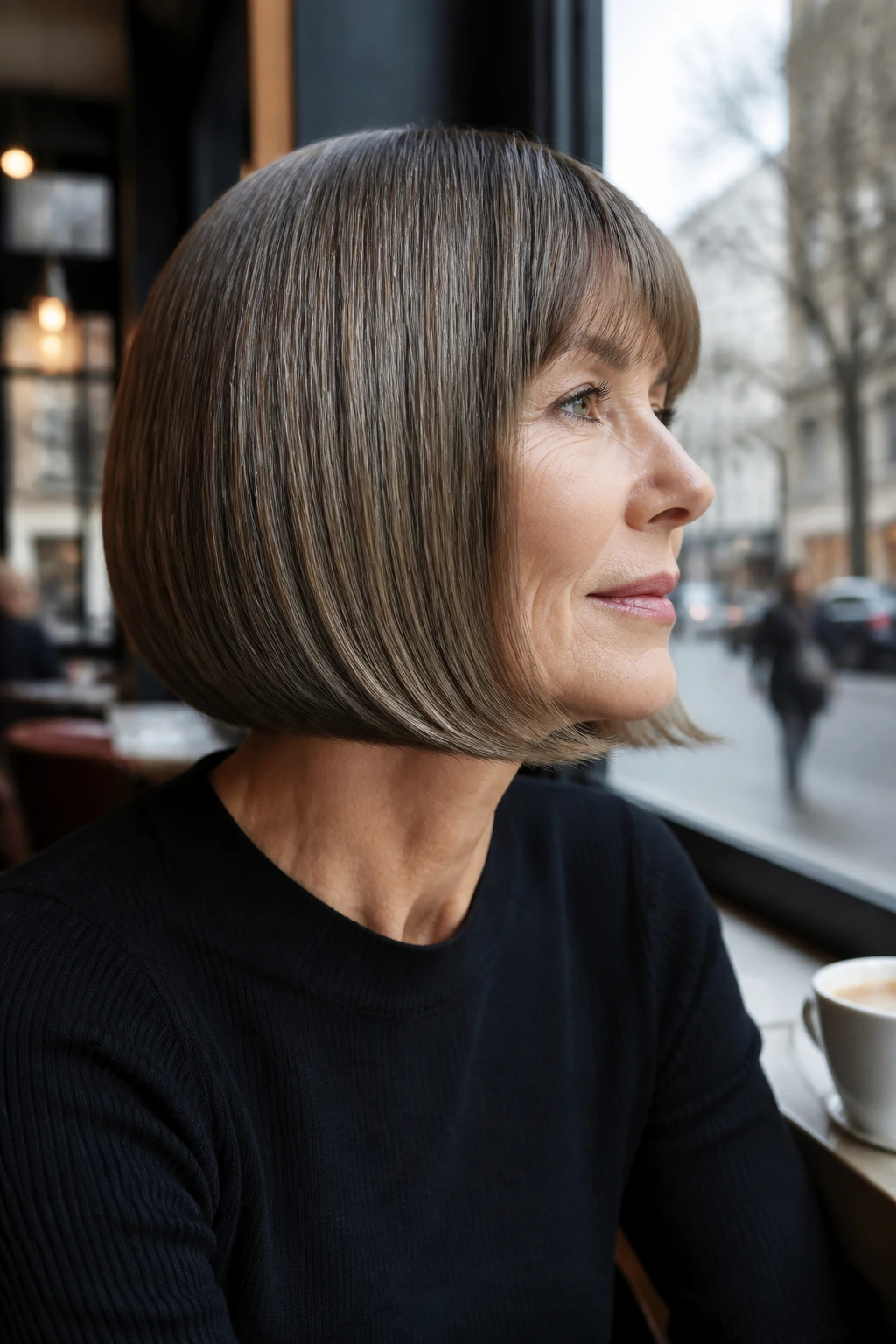 Portrait of a woman with a glassy straight pageboy haircut.
