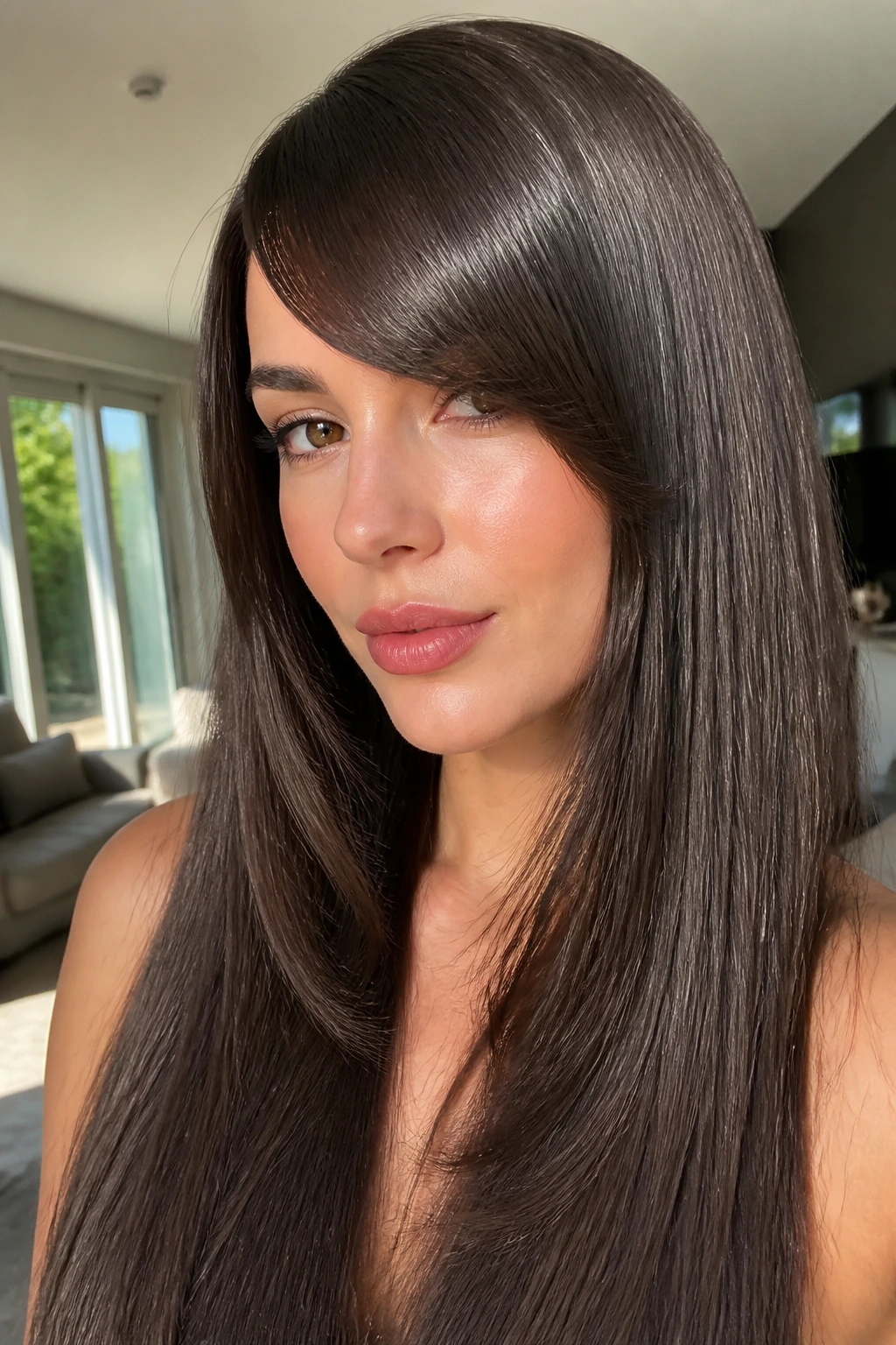 Close-up of a real woman with a glassy straight sweep hairstyle and glossy fringe