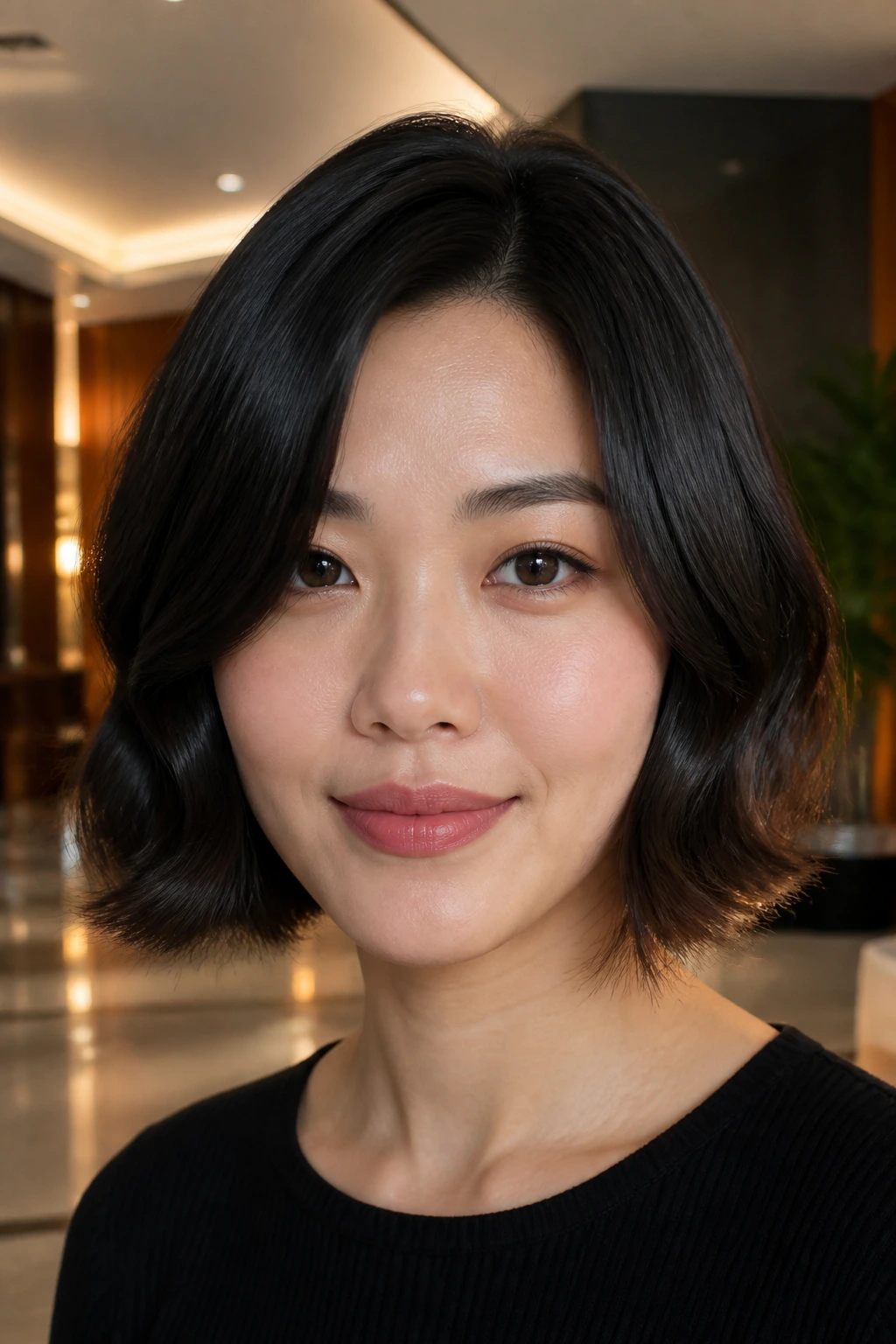 Close-up portrait of a real woman with a glassy wave bob and smooth shine