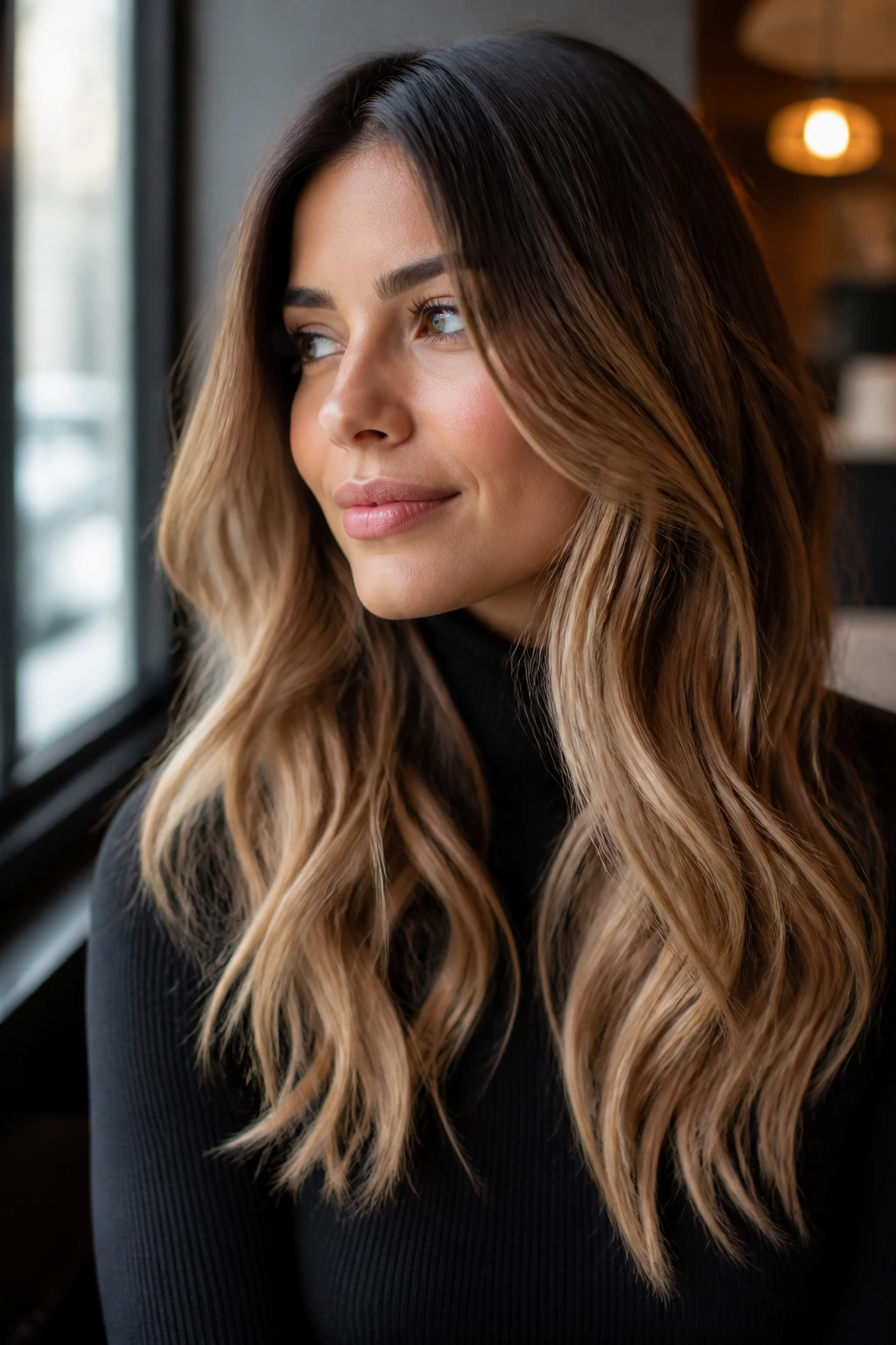 Close-up of a real woman with glazed brunette-to-blonde ombré in natural daylight