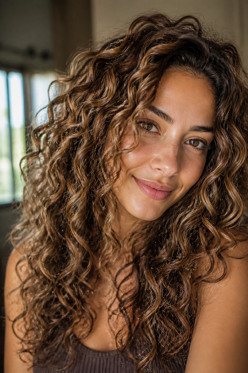 Close-up of curls with glazed toffee lowlights blending highlights.