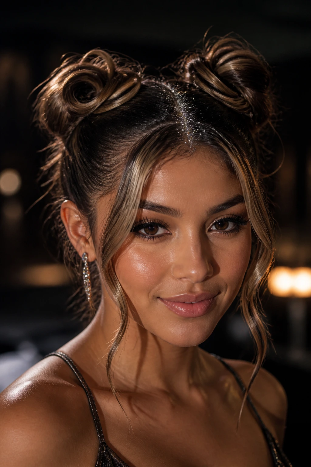 Portrait of a real woman with glitter-part space buns and glossy edges