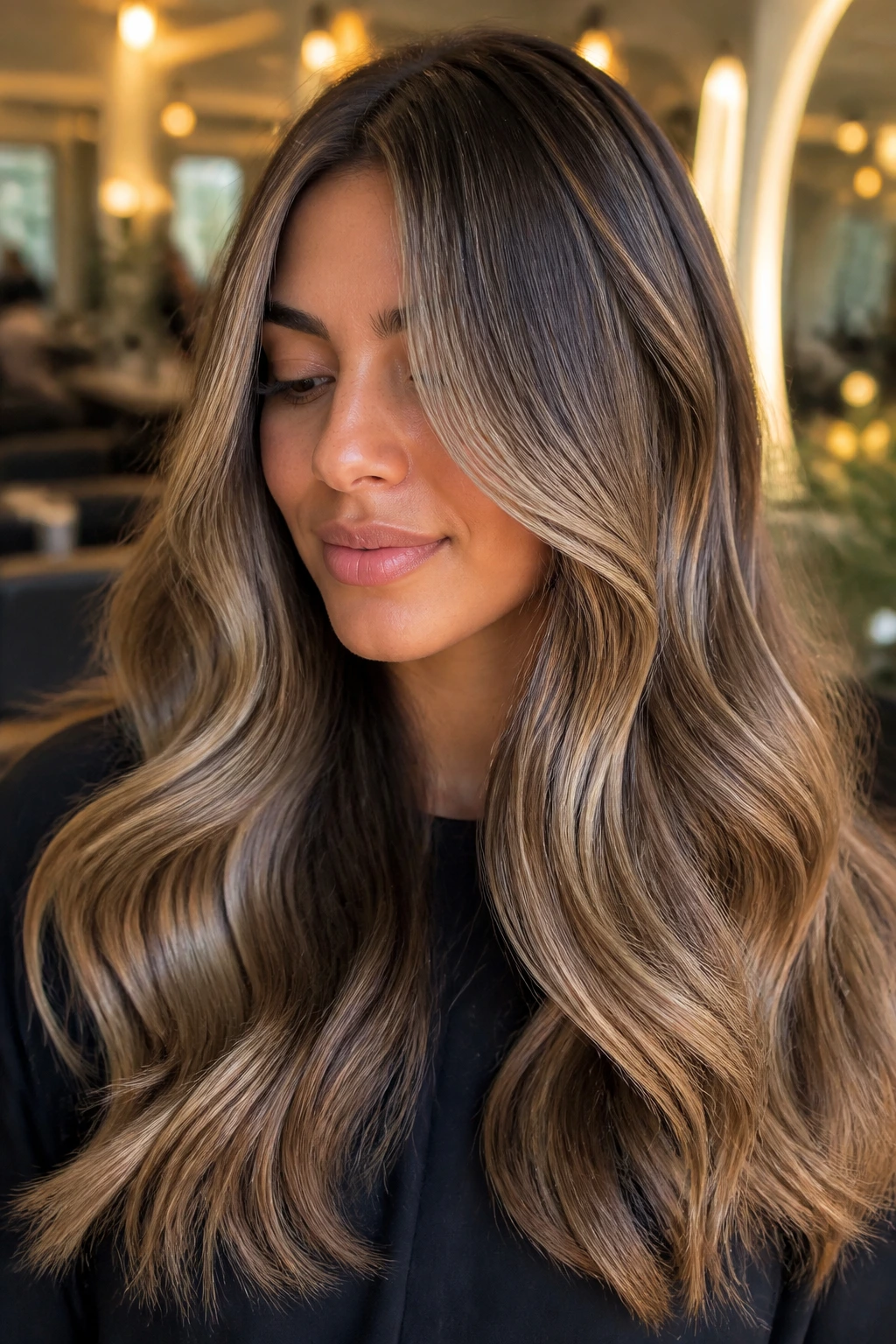 Real woman with gloss balayage in beige caramel tones