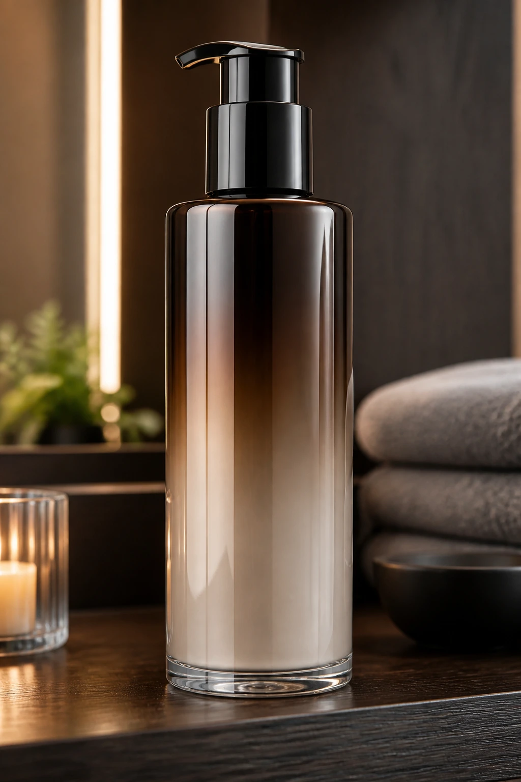 Close-up of a brown gradient gloss bottle on a wooden shelf