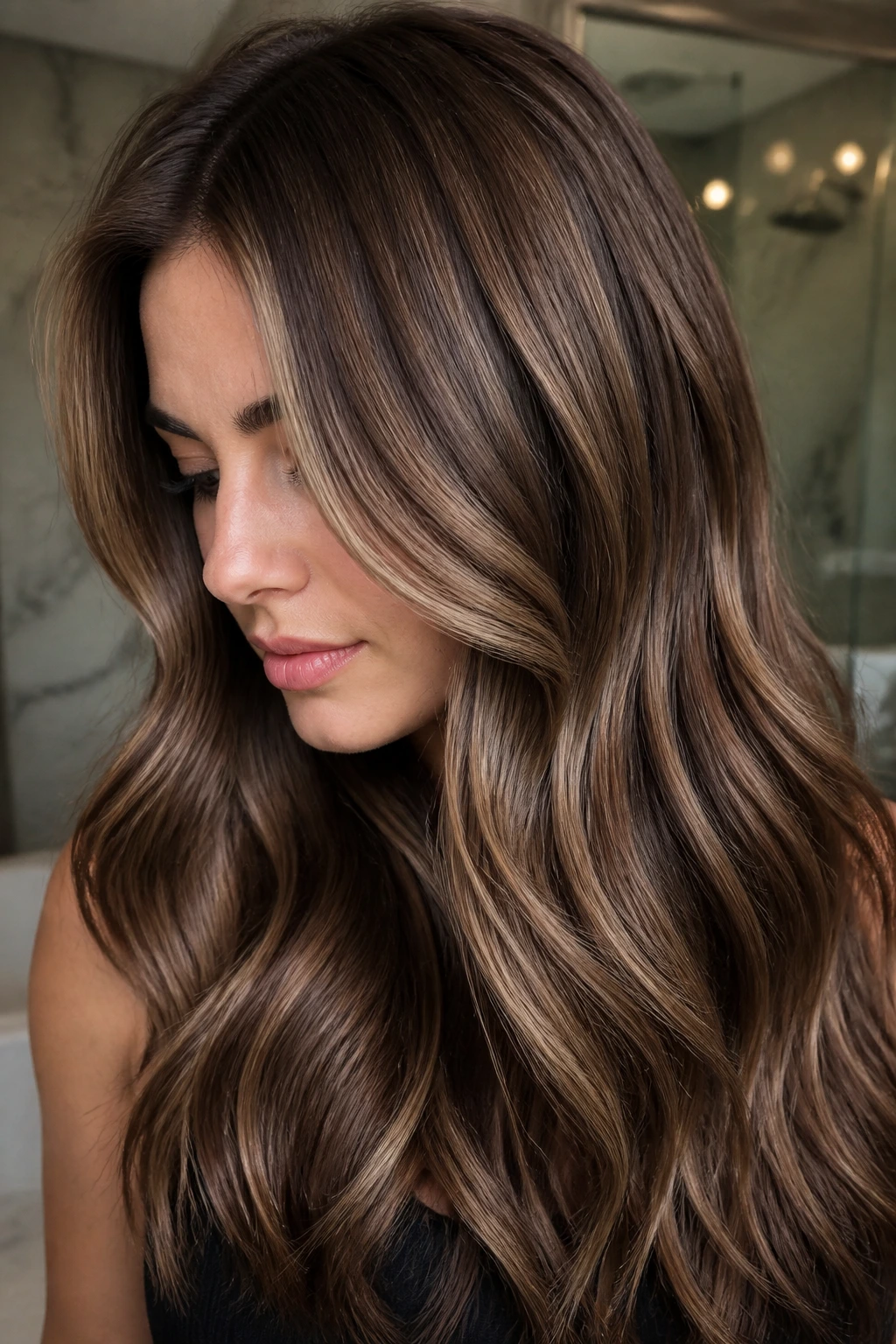 Close-up of a real person’s glossy cooler-toned bronze hair.