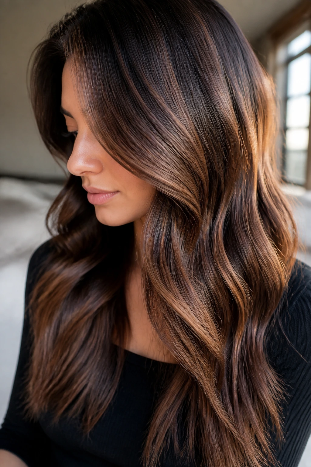 Glossy brunette hair with pop lowlights
