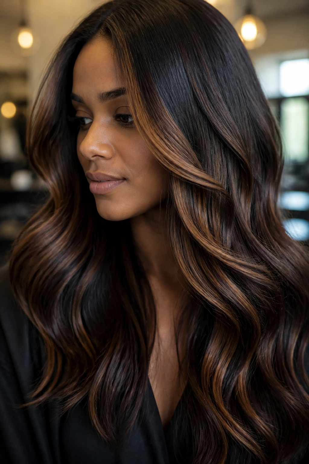 Close-up of a real woman's glossy brunette hair with a refined finish.