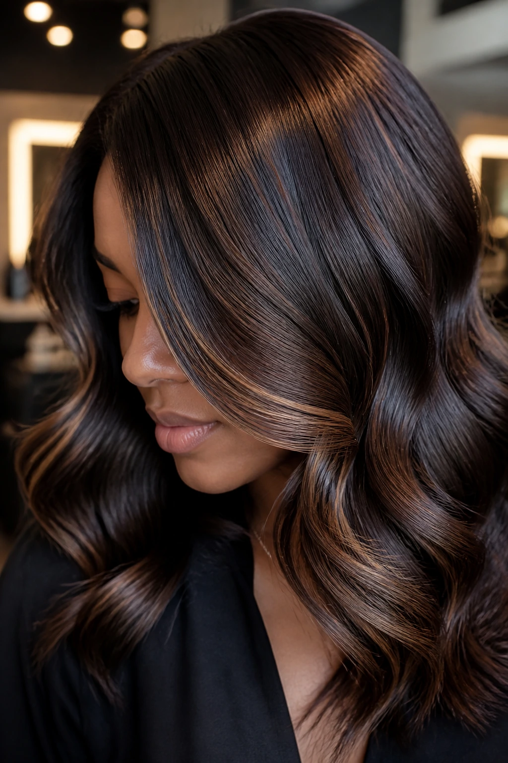 Close-up of glossy brunette hair with bright highlights catching light.