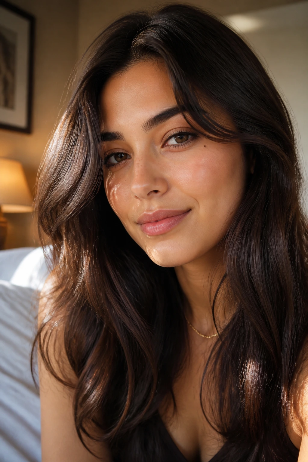 Close-up portrait of a real woman with glossy brunette hair and olive skin under soft window light