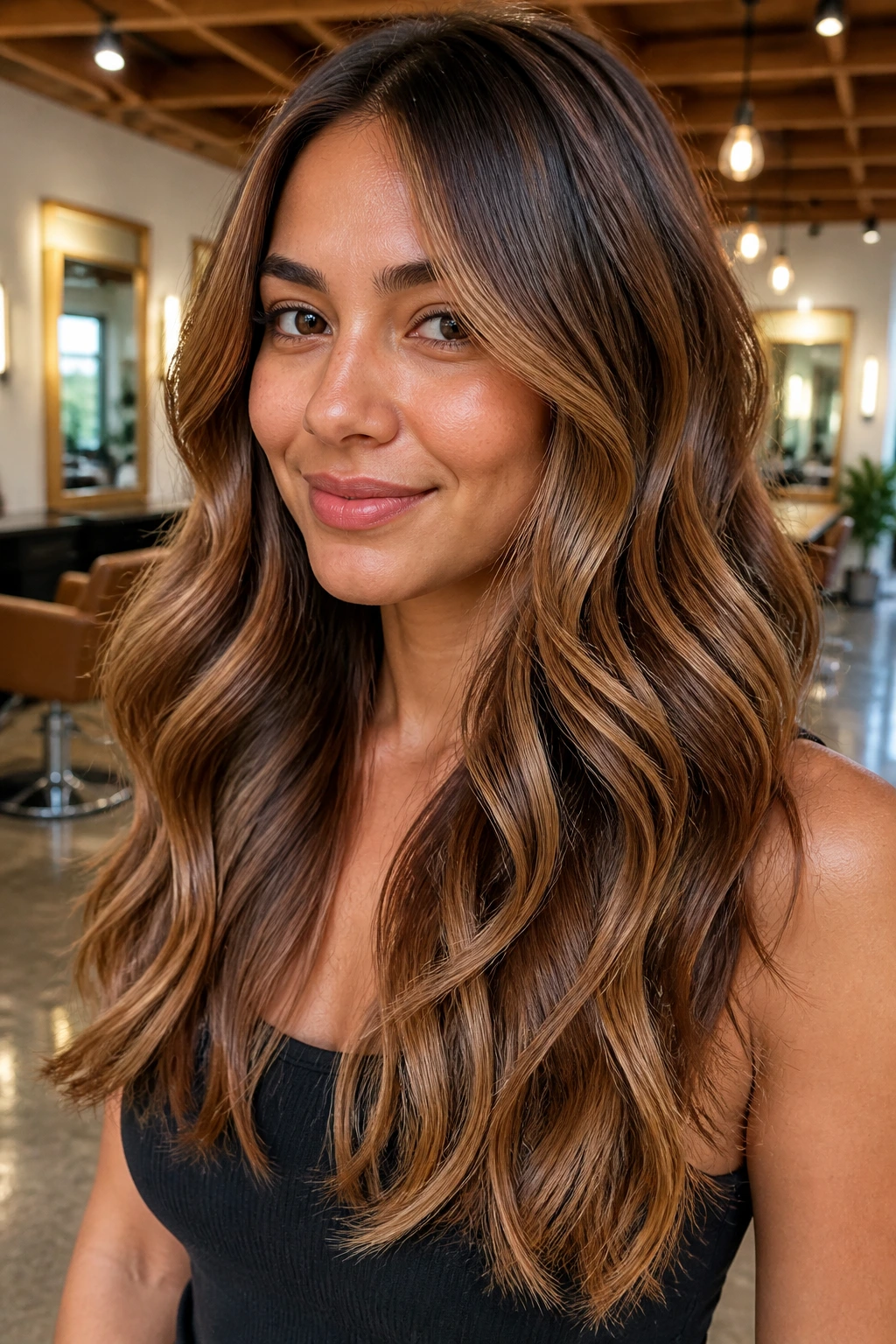 Close-up of glossy caramel balayage on a real person’s hair in a salon setting
