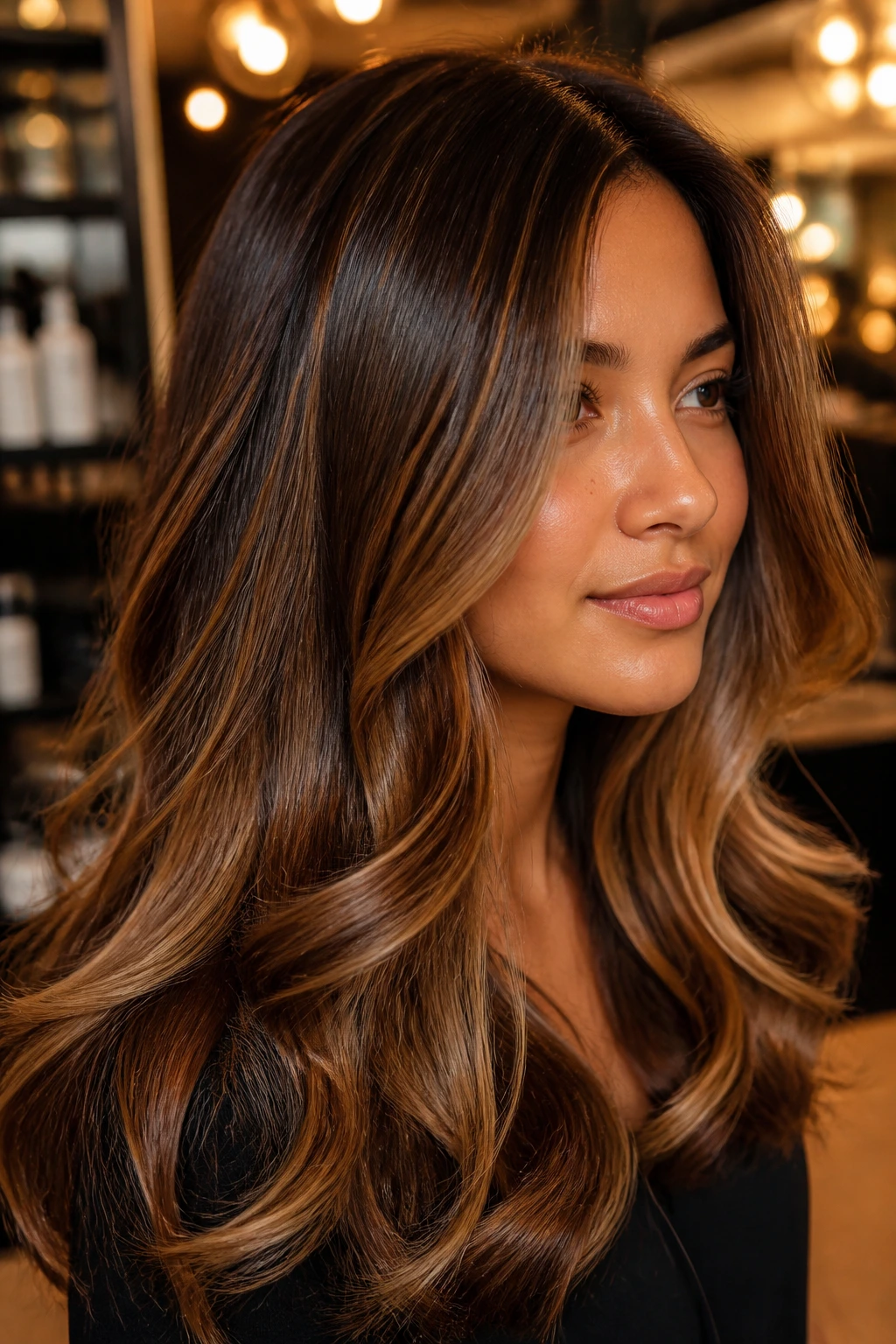 Close-up of a real woman with glossy caramel-gold highlights in medium brown hair in a salon.
