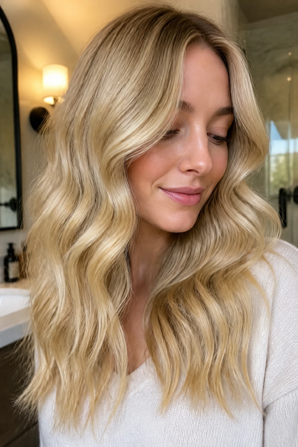 Close-up portrait of a real woman with glossy creamy blonde hair in a warm indoor setting